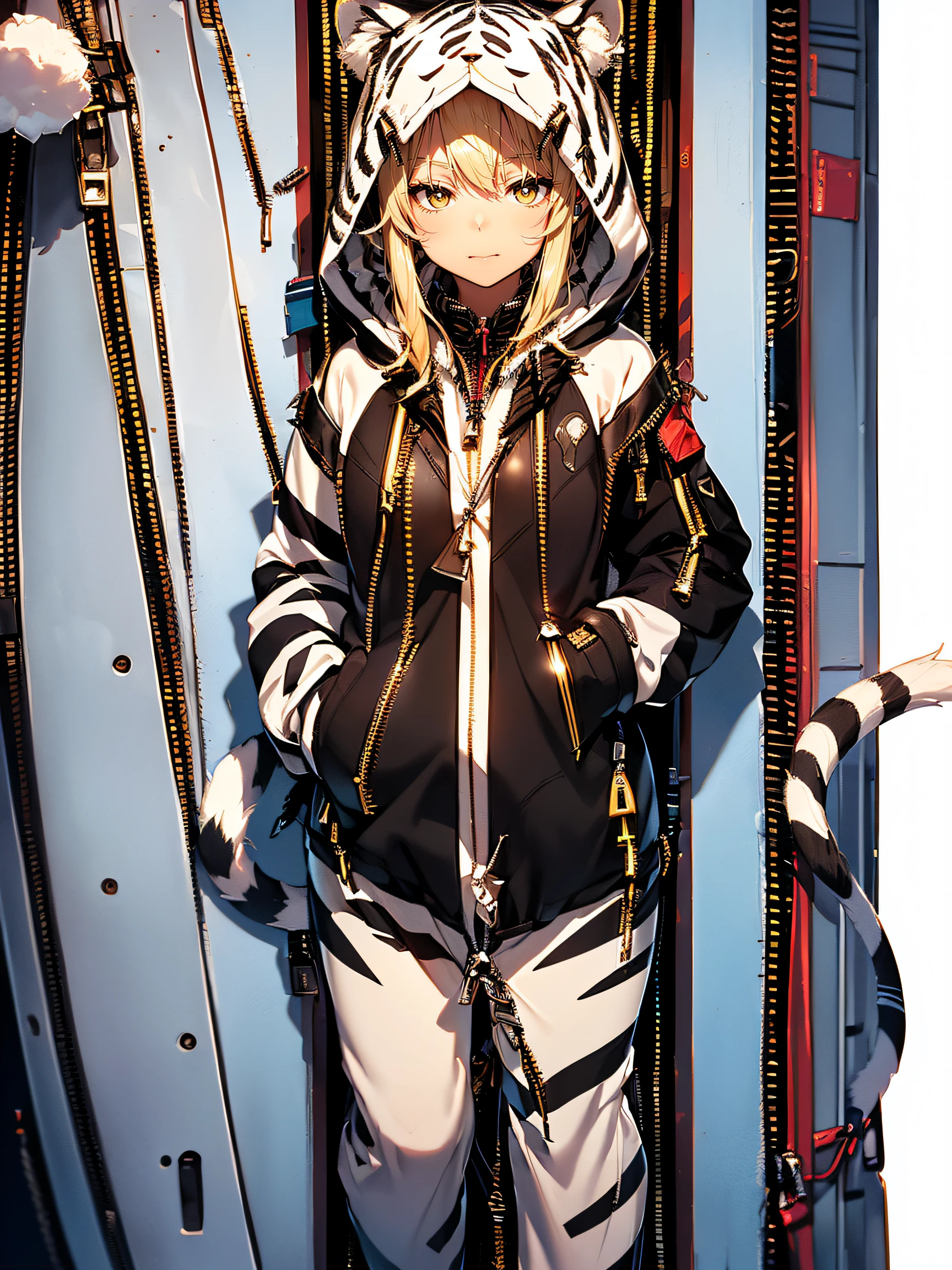 (white tiger kigurumi:1.2), (fluffy and soft fabric:1.4), ((- Zipper on the front, Easy to put on and take off):1.5), ((Long sleeves, feet cover hands):1.2), (ears and striped hood:1.3), (black-tipped tail:1.3),