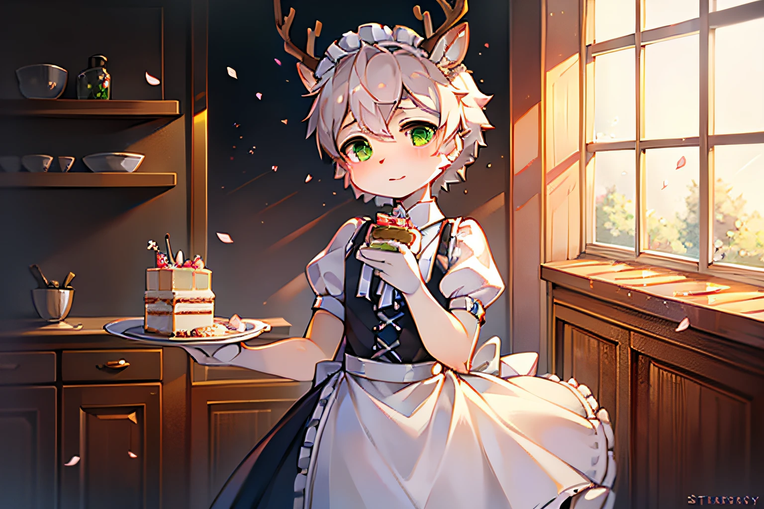 A white deer,Wearing a maid outfit,Green-eyed,deer antlers,Holding a plate of cake in his hand,lovely boy,shota,natta,starrysky,kitchens,face to the viewer,petals,ambiente dark