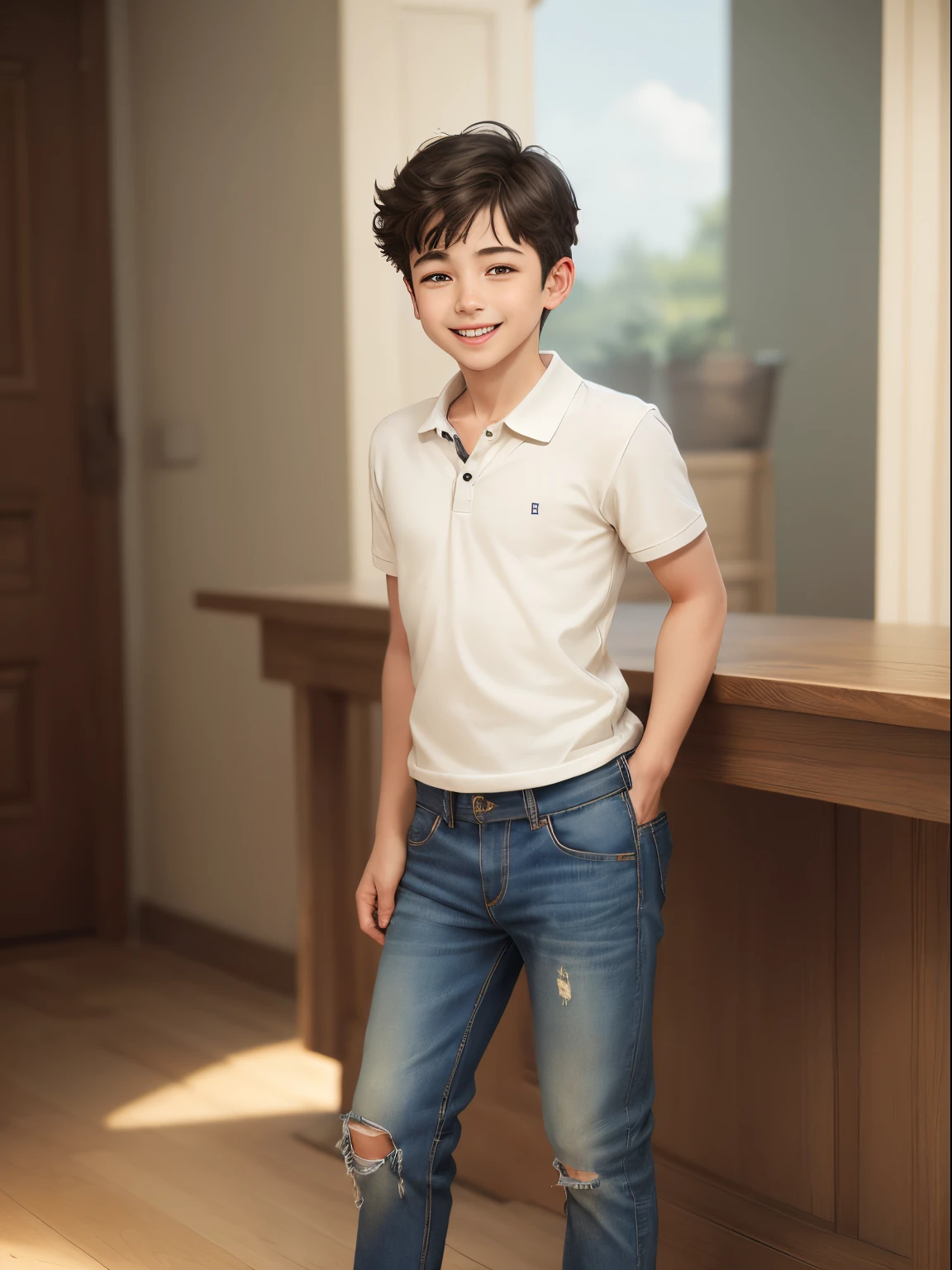 masterpiece, best quality, a (((boy))) smiling stand up, jeans, polo shirt, young, a youthful boy, full body