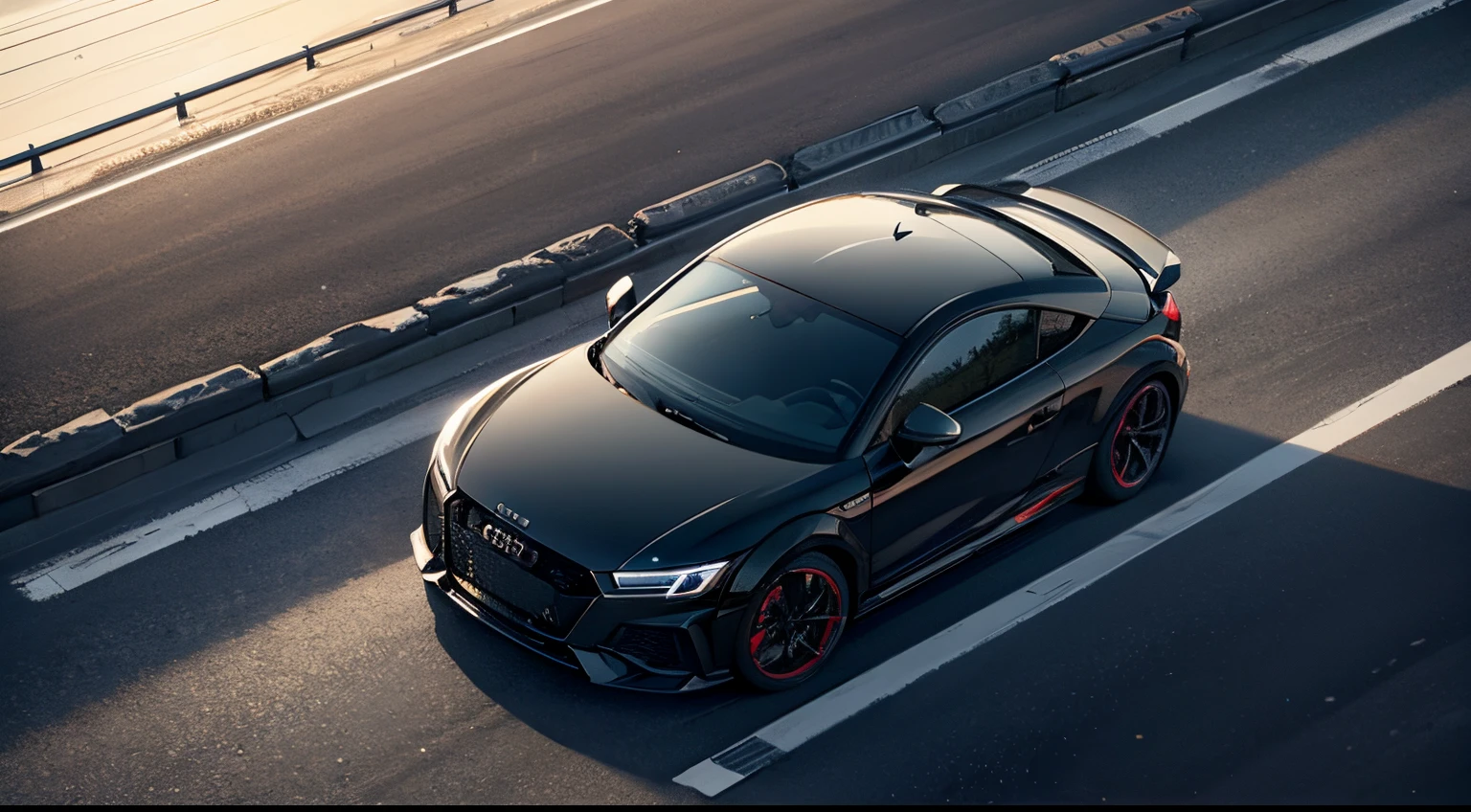 A Black Audi TT RS on a highway. Photo taken from sky using a drone. Black Tinted windows