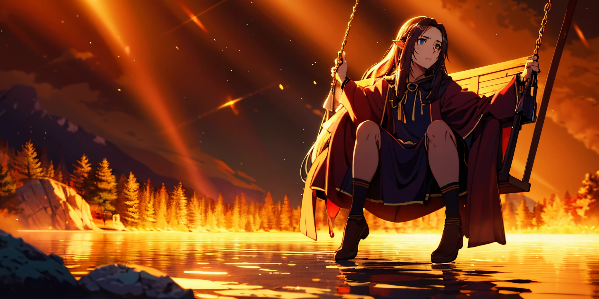 The mature girl, Wide Shot, on the back, long flowing hair sits on a swing with a sparkling lake behind her on the back, pointy ears, elf, moonlight spills on the lake, surrounded by forests and fireflies flying, night light, night, masterpiece, best quality, high detailed, (masterpiece,best quality:1.5), "Photorealistic, Hyperrealistic, Hyperdetailed, analog style, soft lighting, subsurface scattering, realistic, heavy shadow, masterpiece, best quality, ultra realistic, 8k, golden ratio, Intricate, High Detail, film photography, soft focus"