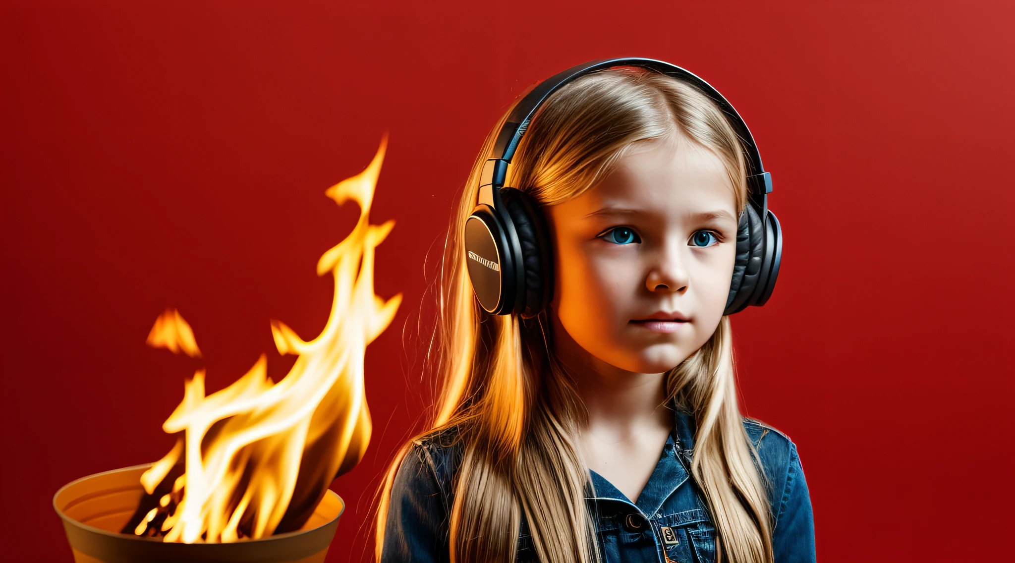 , Russian child with long blond hair, e fone de ouvido pegando fogo na frente de um fundo vermelho,