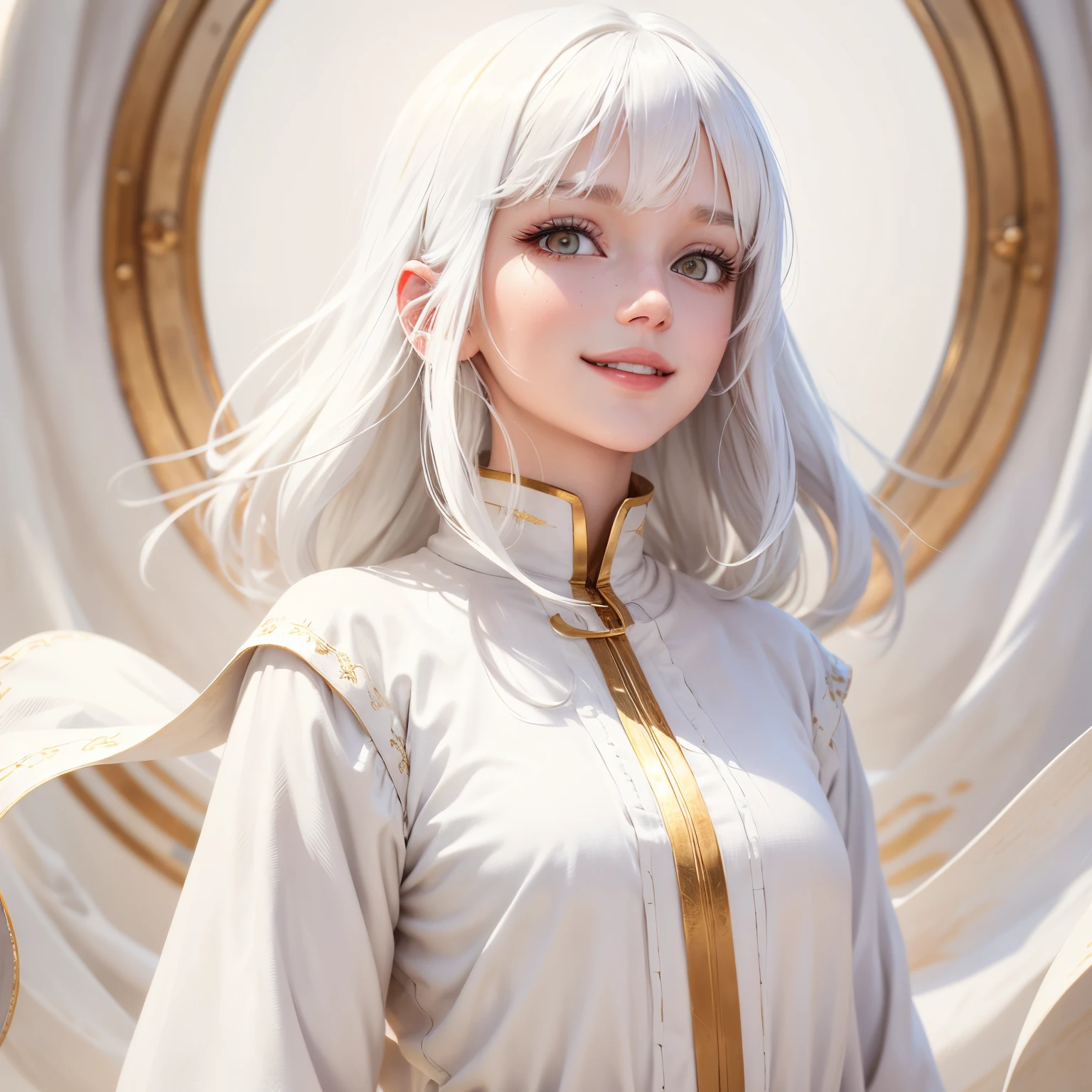 best quality, white hair, gold eyes, white clothes, looking up, upper body, hair strand, Fair skin, smiling