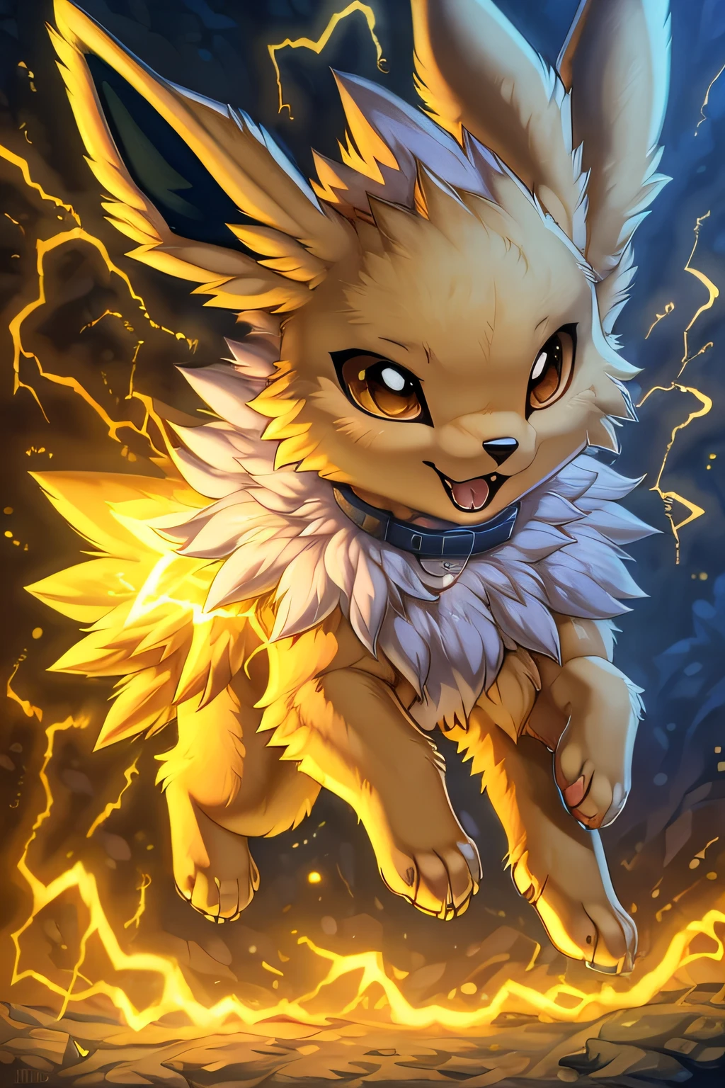 [by Hioshiru],furry, Feral, Pokemon, Long Spiky hair, Jolteon with yellow fur, Yellow eyes, Energetic,electric particle effects, canine paws, paws for hands, short height, shortstack, crawling, heavy, Shock collar, walkies, perk