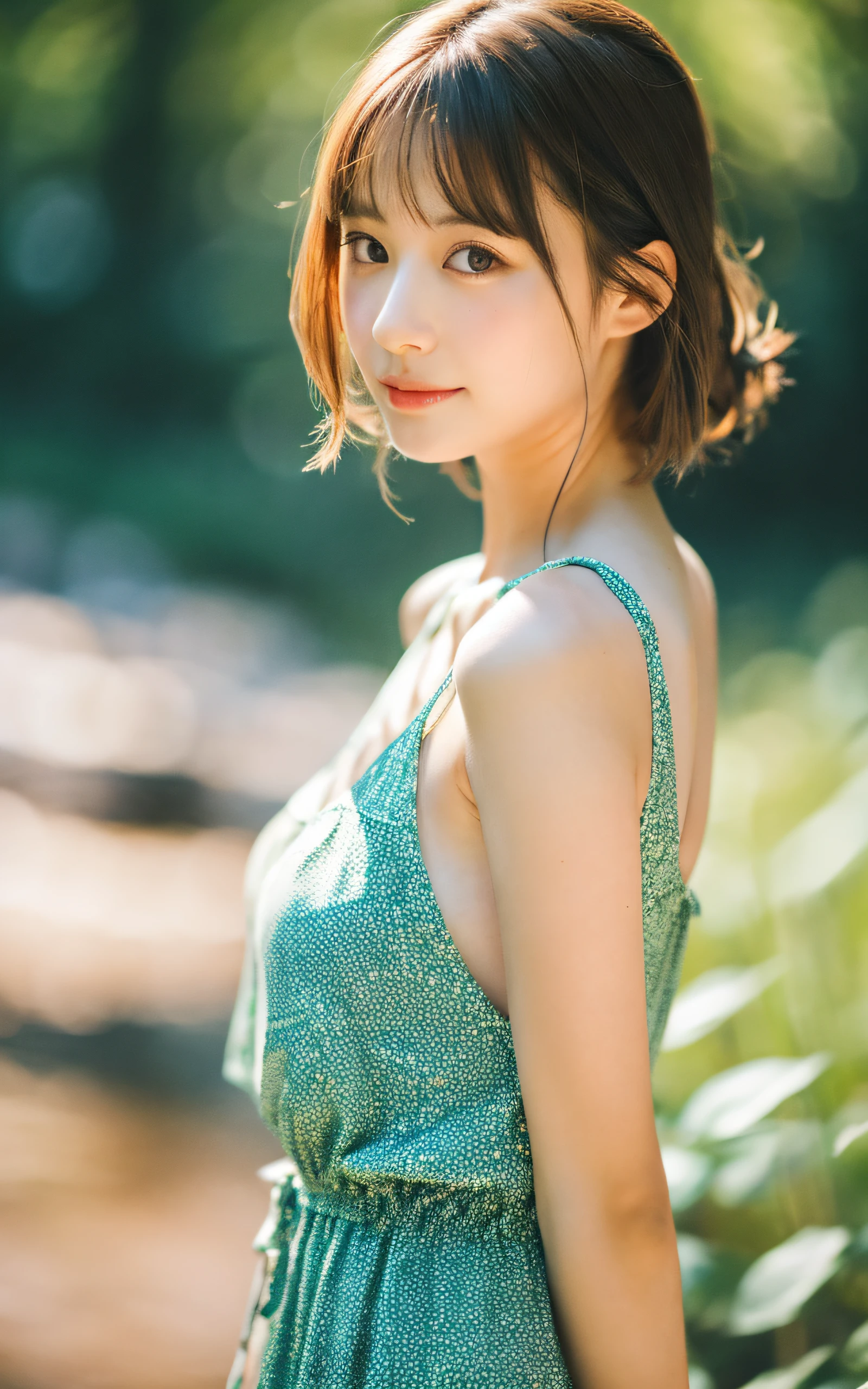 masutepiece, Best Quality, 8K, 1 girl, a Japanese cute girl, In summer, forest, stream, out of focus, 18 yo, Large , Mouth slightly open, cute little, Solo, sad, Summer dress, Girly, Delicate girl, Neat and clean beauty, Raw photo, Professional Photography, Portrait, Soft light, Professional Lighting, Back lighting, Upper body, see the beholder, Sophisticated, Film grain, (Eyes and faces with detailed:1.0), Medium hair swaying in the wind, beautiful flowing brown hair,