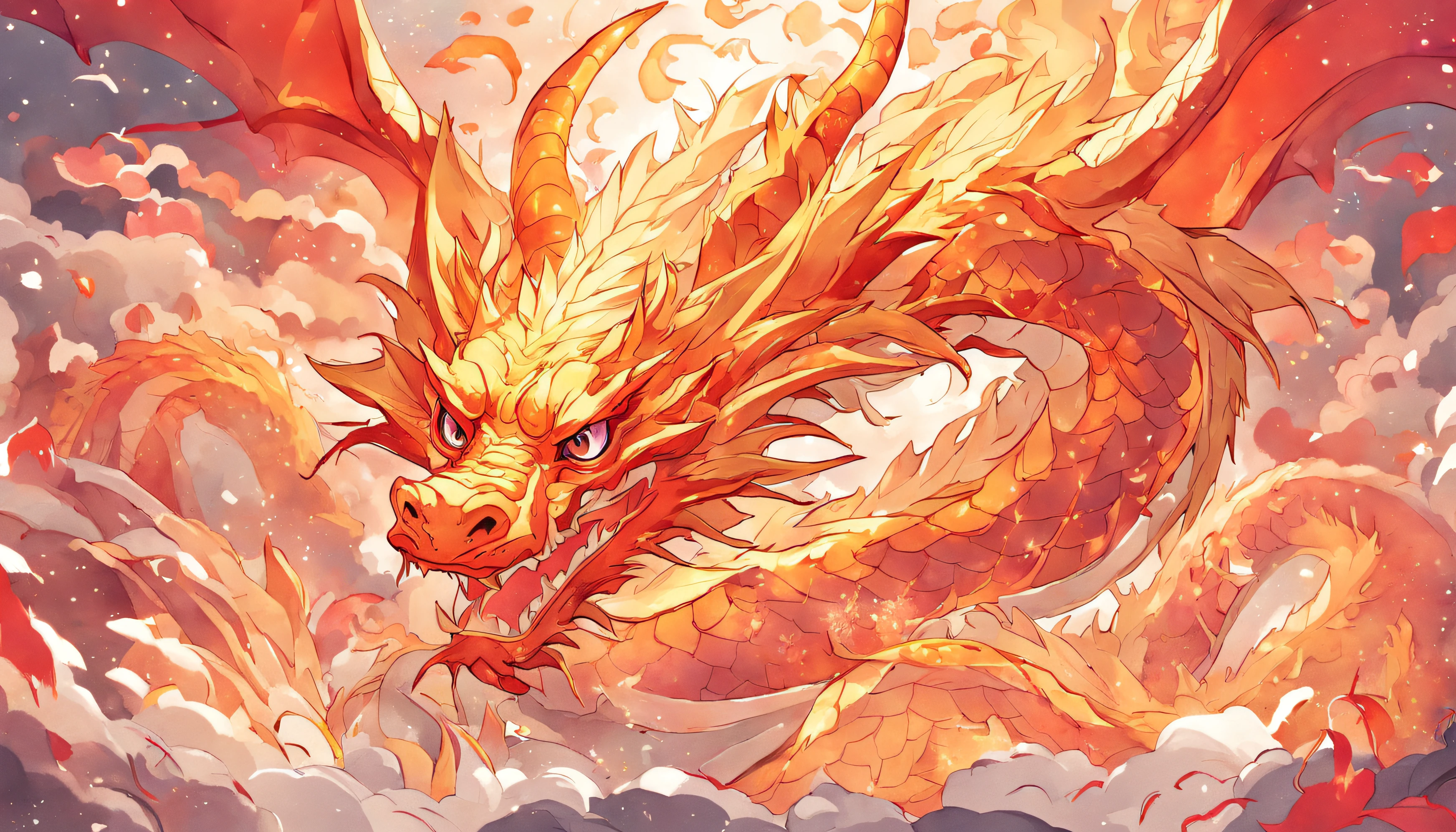 Cute golden porcelain dragon in the sky, clouds, suns, ventania, Lunar New Year, spring flowers, Red lanterns, Creative background, Best quality at best, Full-HD, Happy Dragon, 2023, 3D, (paper art, Quilted paper art, geometry), plethora of colors, Anime beauty, Extremely colorful, colorful illustrations, aquarelle((tmasterpiece))), illustratio