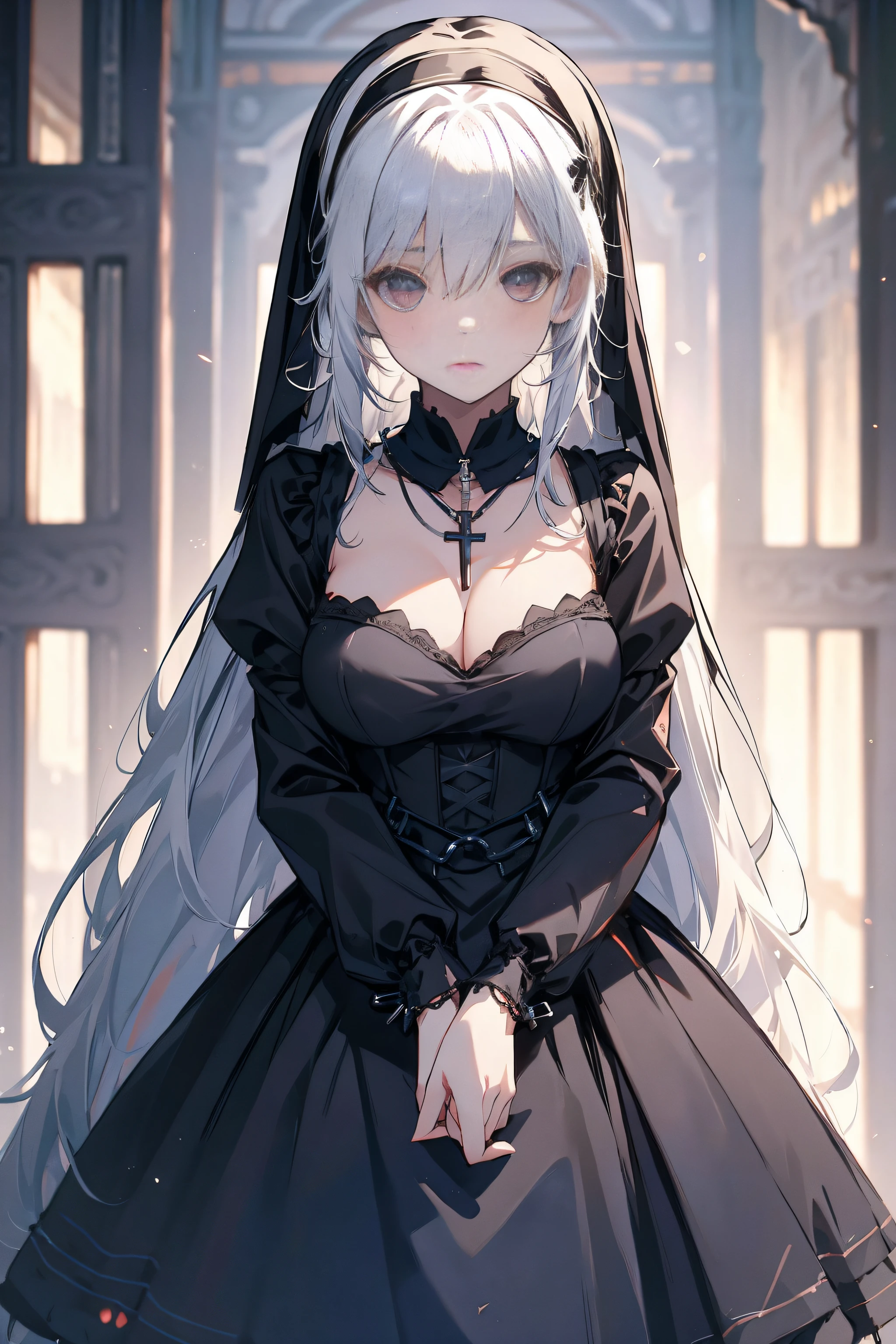 Best quality at best, tmasterpiece, 2 girls, nun, White hair, long whitr hair, mediuml breasts, cleavage dress, Gothololita, black lence stockings, high-heels, shairband, cross necklace, collars, chain, handcuff, indoor, borgar, skirt lift, hand on her own chest