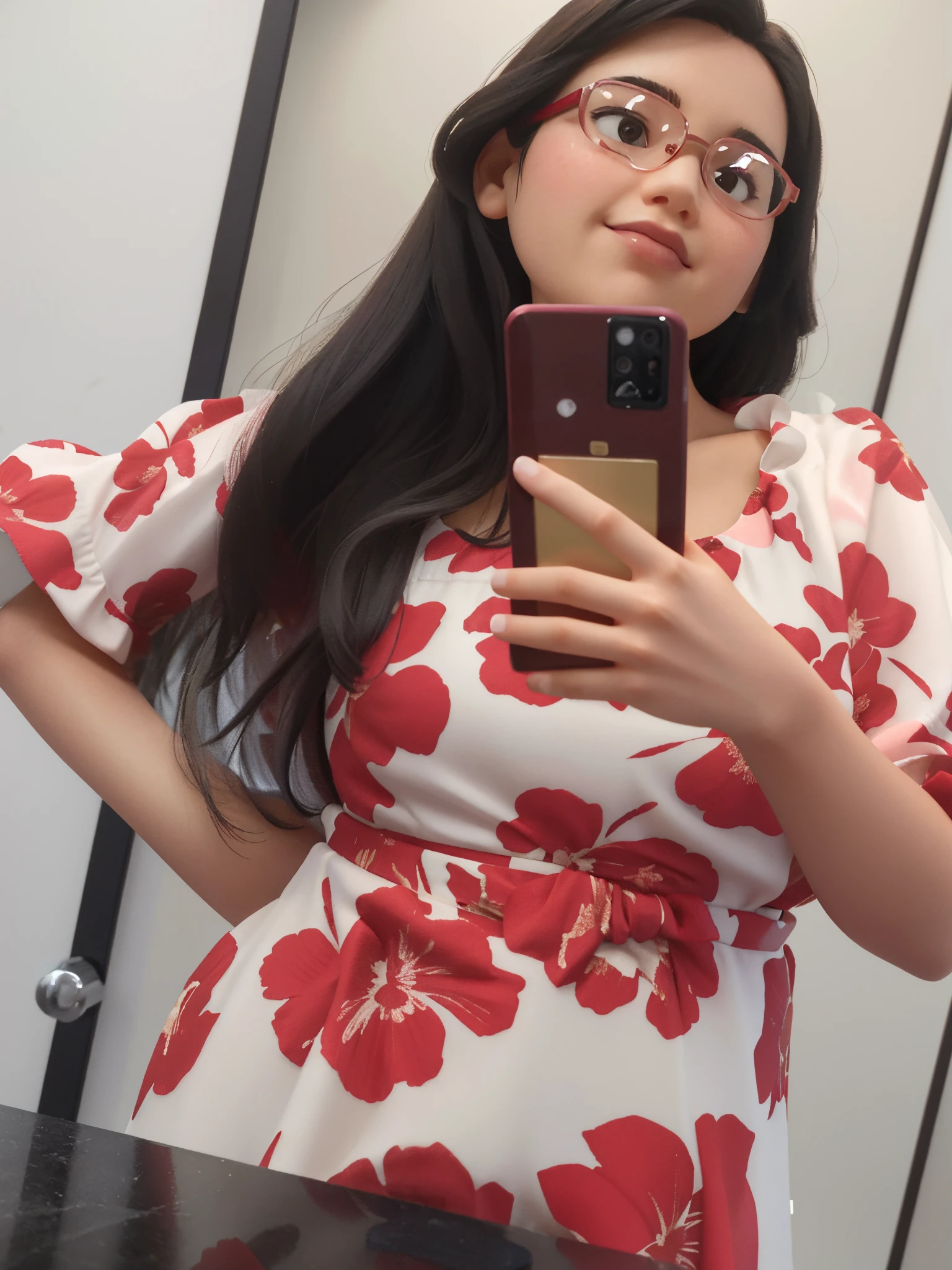 woman taking a selfie in a bathroom mirror with a red flowered dress, wearing in a summer dress, wearing pink floral gown, outfit photo, wearing a long flowery dress, full body picture, red floral dress, candid photo, wearing a hawaiian dress, middle body shot, selfie of a young woman, candid picture, very very low quality picture