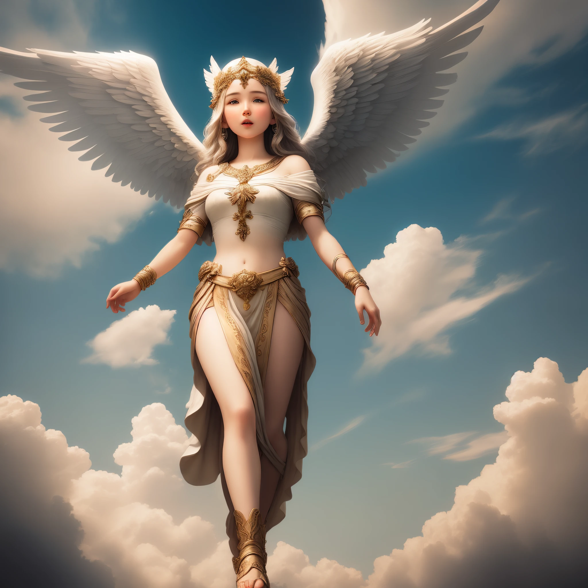 Create a Divine image of a winged angel descending from heaven
