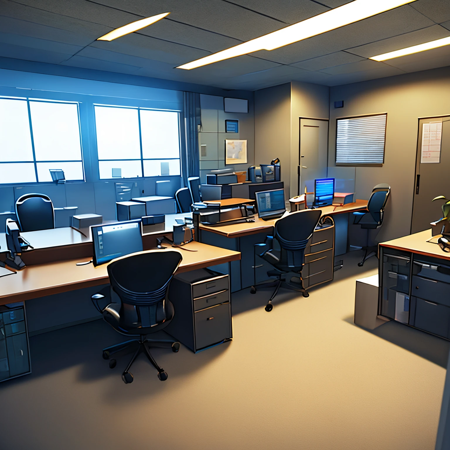 police station office room , mesa, Cadeiras, Aligoudarz Stone on the ground, hyper realistic, alto detalhamento, 8k, s office, sem humanos, scenecy, anime scenery