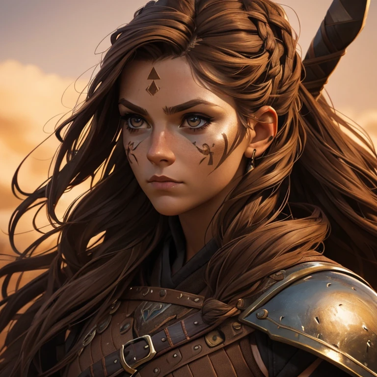 Female warrior, viking, portrait photo, dynamic, cinematic, beautiful woman, brown-haired, brown eyes, viking hairstyle, 28 years old, face war paint