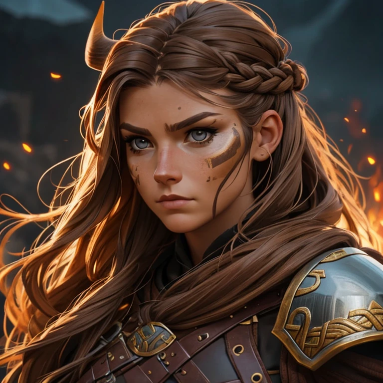 Female warrior, viking, portrait photo, dynamic, cinematic, beautiful woman, brown-haired, brown eyes, viking hairstyle, 28 years old, face war paint