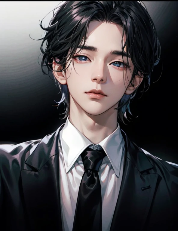 （Huang Li，A high resolution，hyper-detailing，HighDynamicRange），tmasterpiece，Best quality，1boys，Handsome，Short hair details，Delicate eyes and delicate face，Black and white set，dimple，Simple black and white background，self-shot，black color hair，pale-skinned