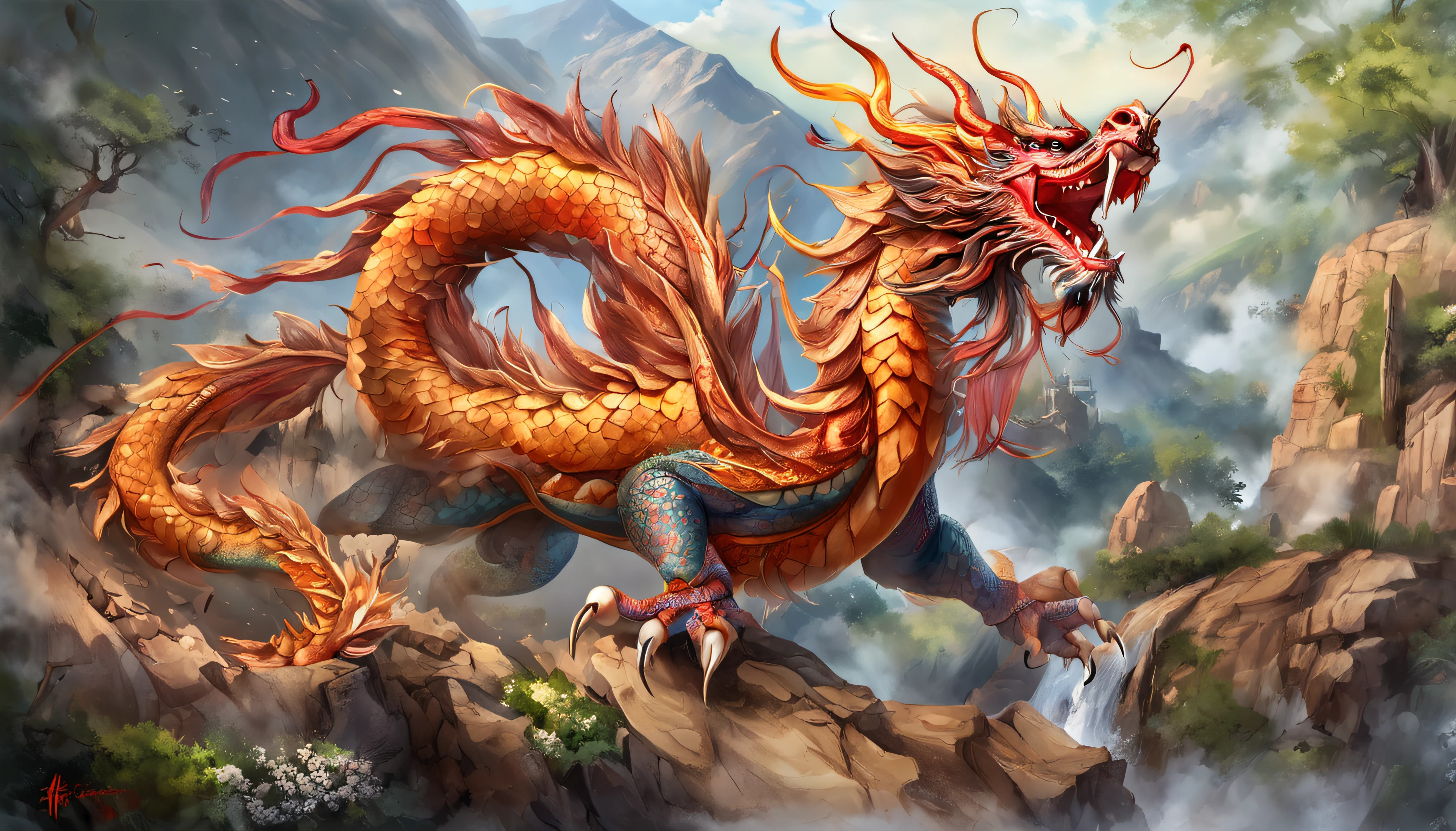 chinesedragon, Full body lesbian, drak, extremely detaild的 CG unified 8k wallpapers), (Colorful:1.2), long whitr hair, dentes pontiagudos, red eyes, teeth, humongous large breast, Hire high-end people: 1.7, Hire high-end personnel: 4x_NMKD-Siax_200,000, Denoising intensity: 0.45, The texture is realistic, dynamic angle, (((+++Lightning is intertwined with the body///))), Colorful auspicious clouds, shadowing, atmosphric perspective, in a panoramic view, wide wide shot, 16k, Anatomically correct, super detailing