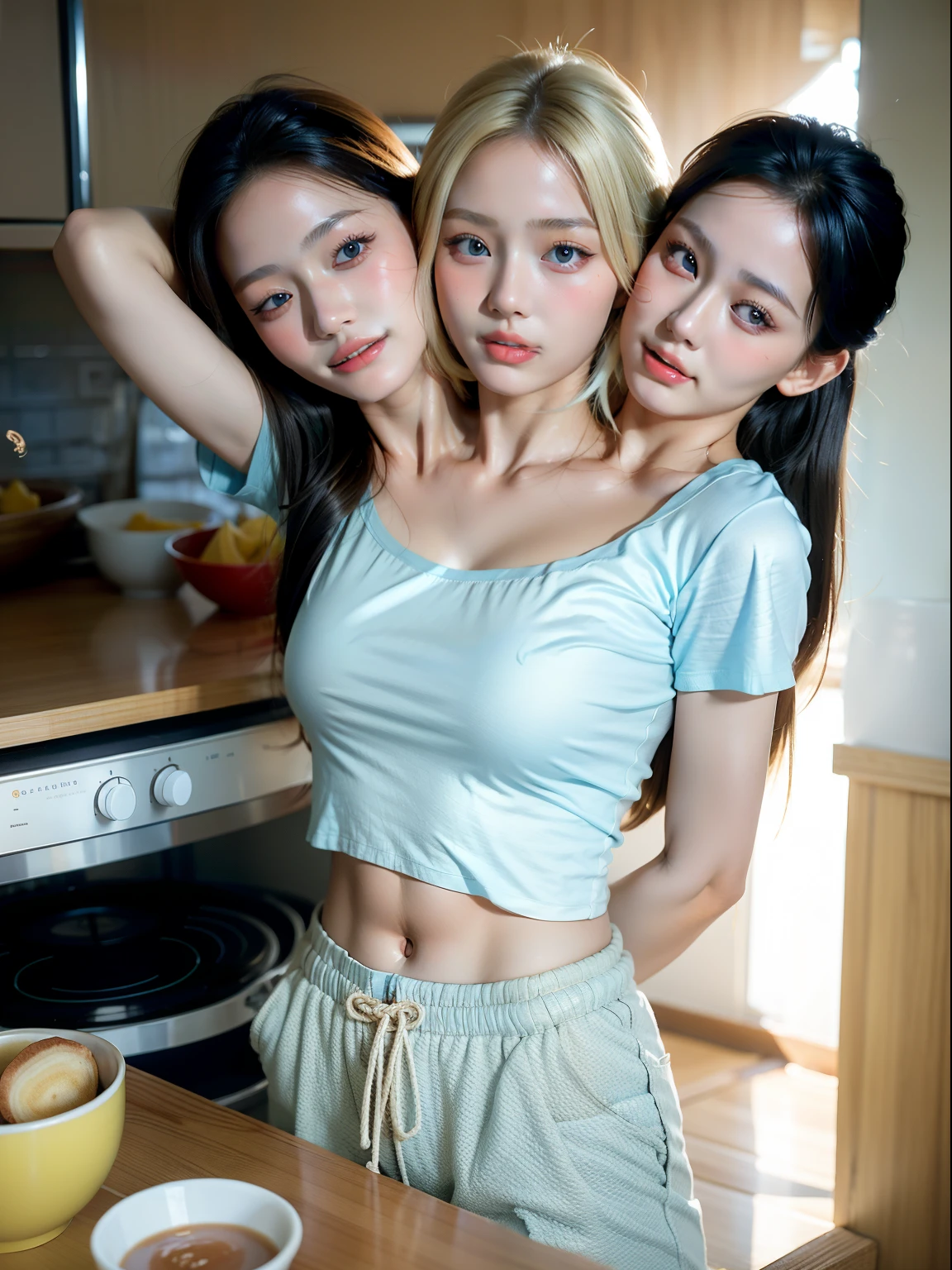 Realistic pretty Japanese girl, dark hair tied, frisky, raunchy, sleeveless chemise white sheer deep slit, pokies, flat chest, small breast, thigh, groin, posing with classmates, sweat, moist
