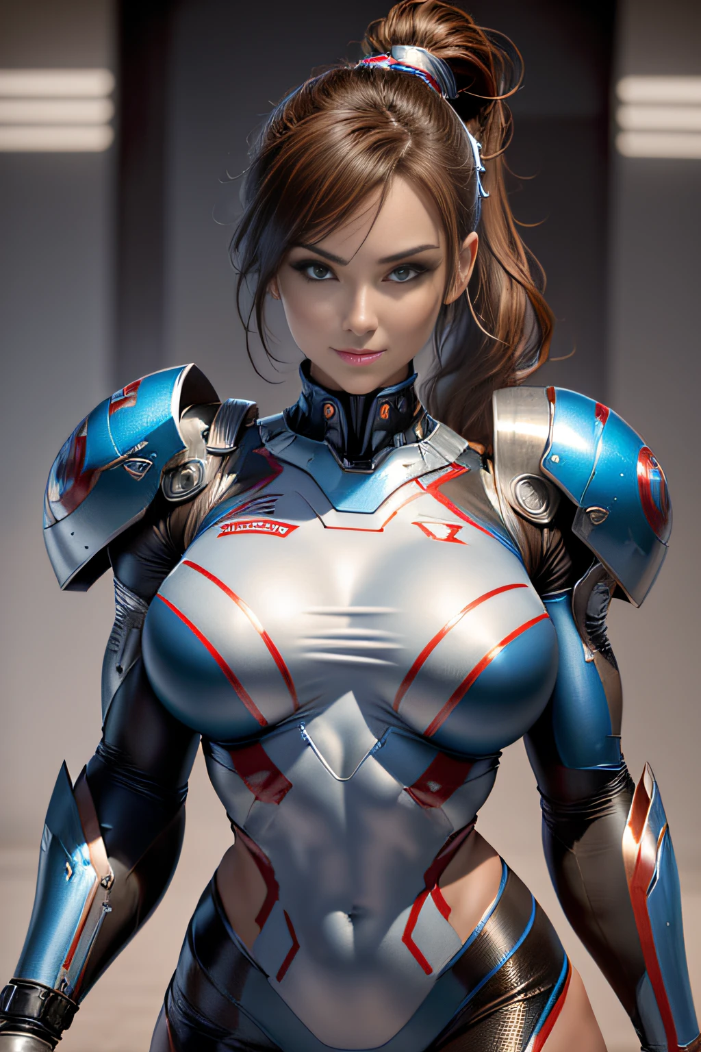 Textured skin, Super Detail, high details, High quality, Best Quality, hight resolution, 1080p, hard disk, Beautiful,(Iron Patriot),beautiful cyborg woman,Mecha Cyborg Girl,Battle Mode,Girl with a Mecha Body,mecha-armored,Fulll body Shot,Girl with a Mecha Body,She wears a futuristic combat cyborg mech,(Sharp Focus:1.2), Photo, attractive young woman, (Beautiful face:1.1), Detailed eyes, luscious lips, (smokey eye makeup:0.85), (large full breasts:1.3), (athletic bodies:1.5), Arafe woman solo with ponytail hair、Mischievous smile