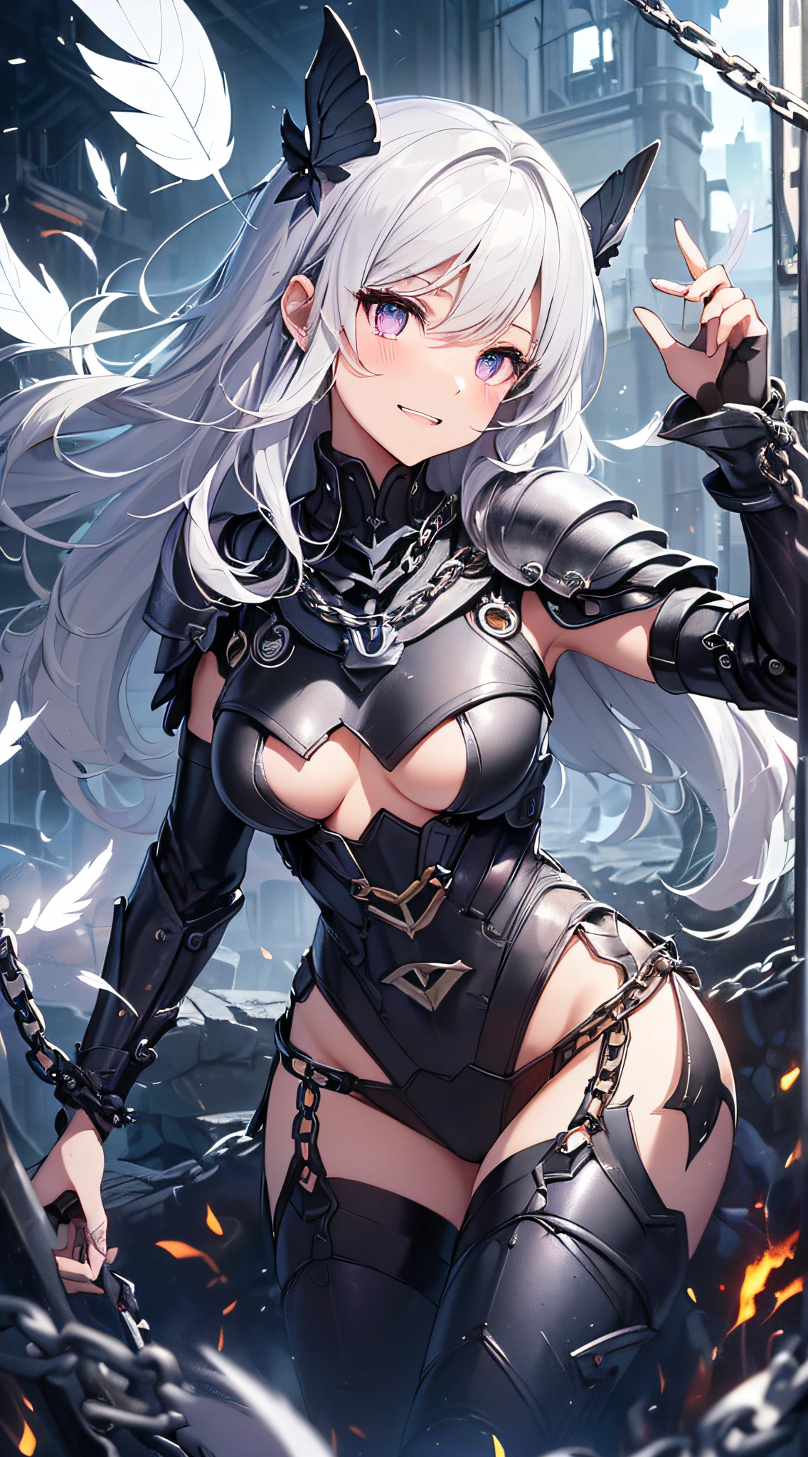 top-quality、Top image quality、masterpiece、girl with((Silver and black mechanical body armor、silver mechanical arm、silver leg arms、Shining red body line、、teen ager、cute lit Bust、big bast,Beautiful shining purple eyes、Breasts wide open, white hair、black mechanical wing,Longhaire、A slender,Large valleys、belligerent movements,holds a black sword、anchor chain、chain、chains、Beam Cannon、Laugh)),hiquality、Beautiful Art、Background with((Burning City、Pillar of fire、fluttering white feathers、flying beam)))、,masutepiece、depth of fields,Cinematic style