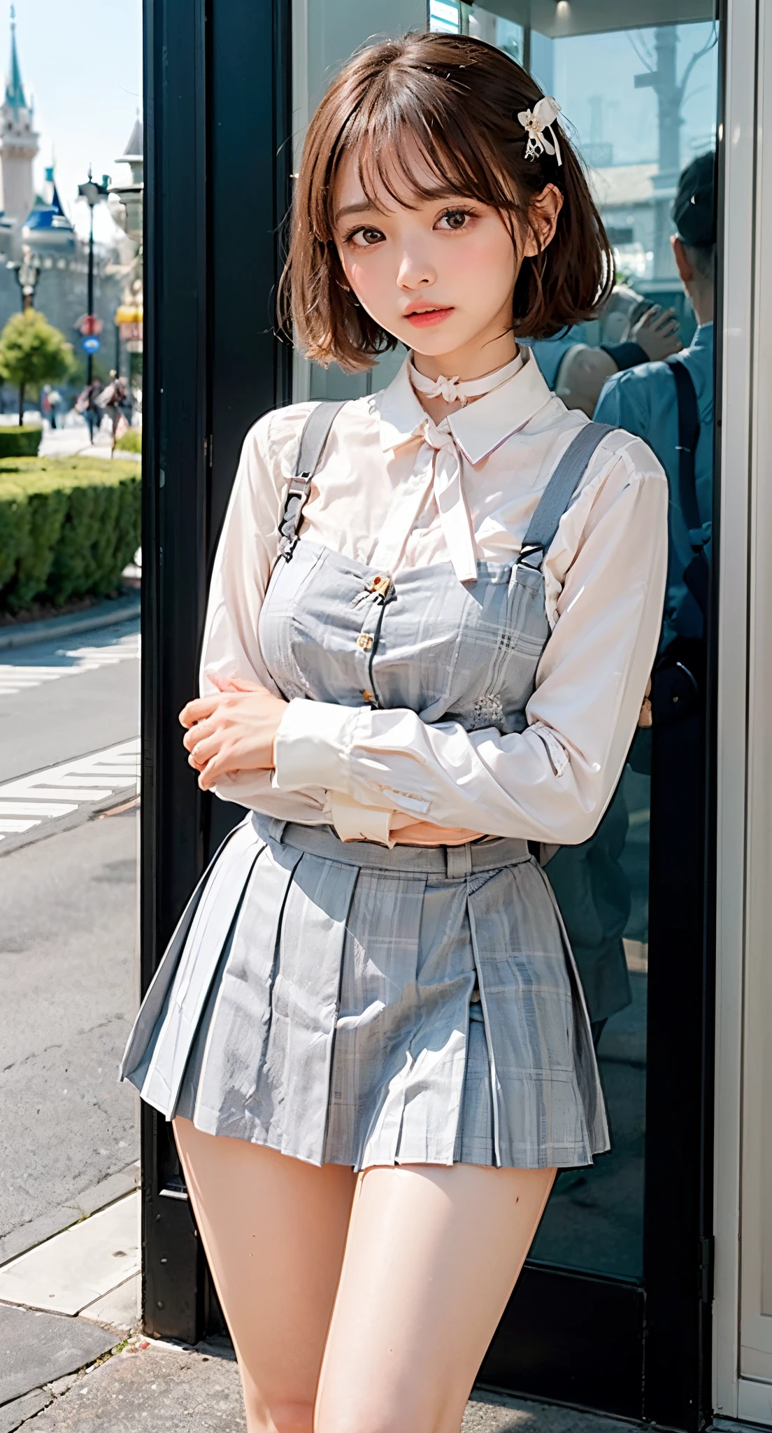 Best Quality, Masterpiece, High Resolution (Realistic: 1.4), 4K, 1 Girl, JKstyle, Short Sleeves, Skirt, Smile, , City View, Indoors, Hair Tie, Head Tilt, Headband, Trench Coat, Pink Hair, Texture, Window, plaid_skirt, High Quality Shadow, White Pantyhose, Single Light Source, Blurred Foreground, Depth of Field, Low Profile, Cinematic Lighting,