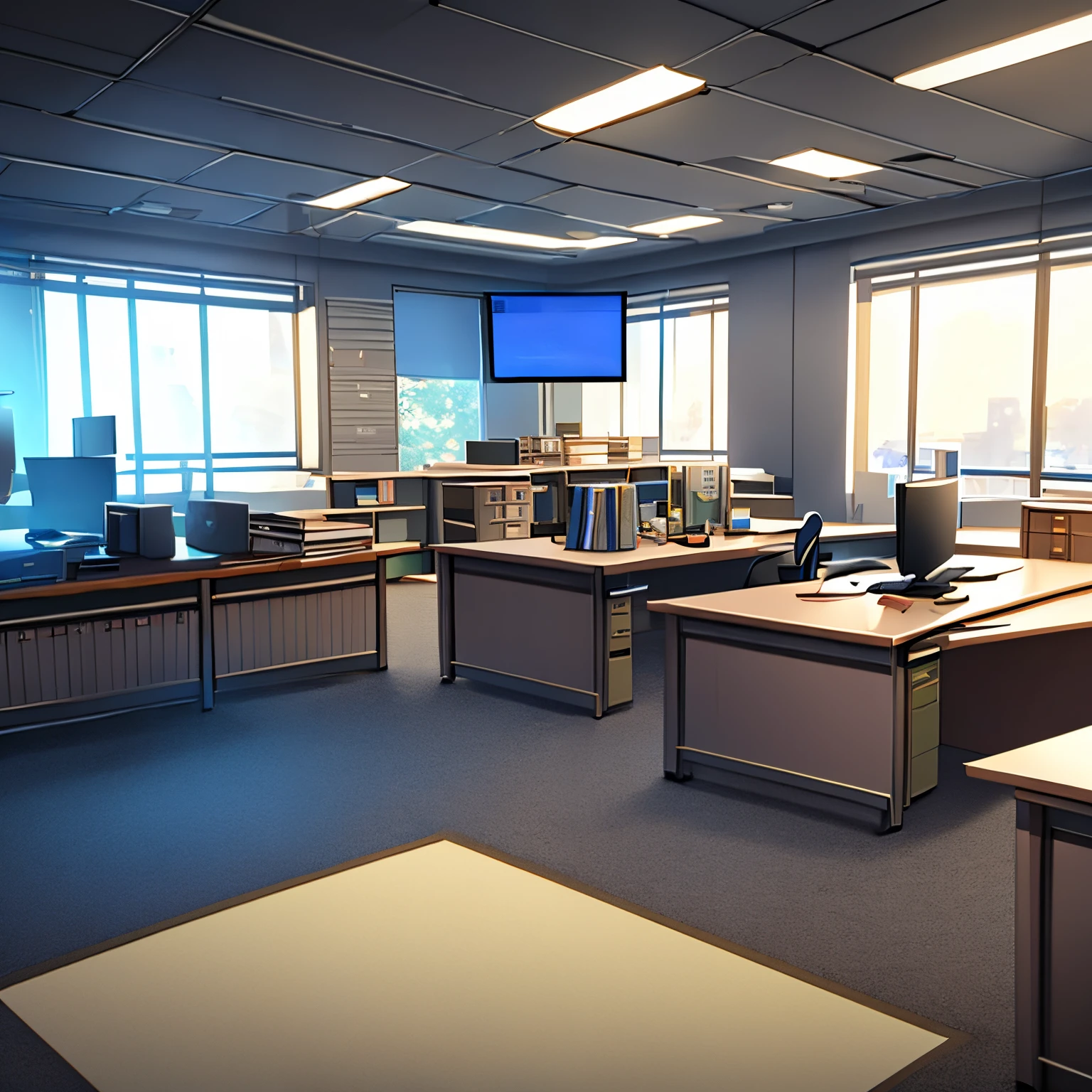 police station office room , mesa, Cadeiras, Aligoudarz Stone on the ground, hyper realistic, alto detalhamento, 8k, s office, sem humanos, scenecy, anime scenery