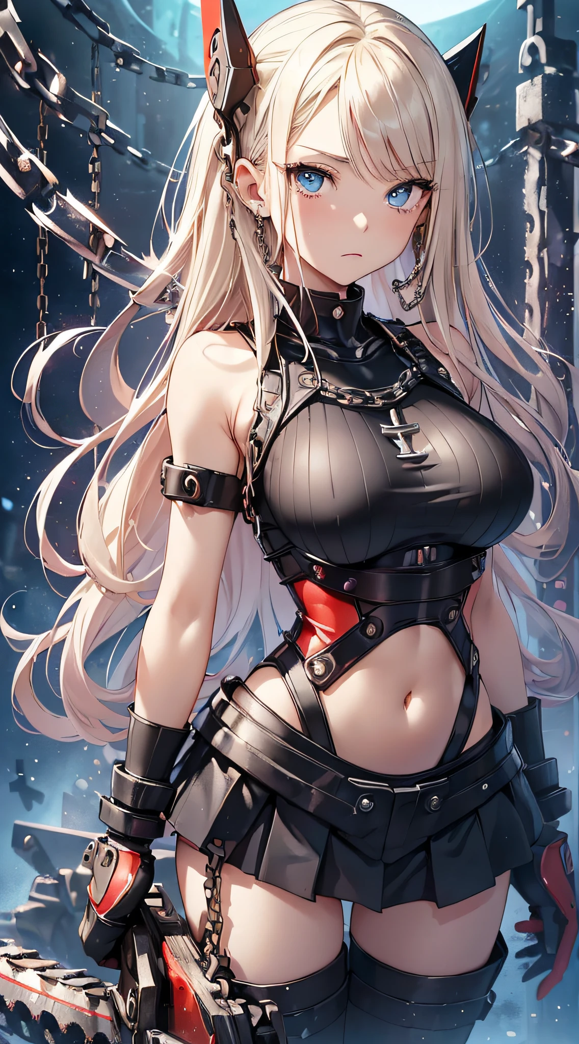 top-quality、Top image quality、​masterpiece、girl with((Black Mechanical Armor、sixteen years old、 ager、cute little、Best Bust、big bast,Beautiful light blue eyes、Breasts wide open, a blond、A slender,Large valleys、belligerent movements,Warlike face、Navel Tank Top、mechanical short skirt、anchor chain、chain、Holding a chainsaw、red heart tattoo on cheek、dye one's cheeks red)),hiquality、Beautiful Art、Background with((universes)))、Depth((black hole)),masutepiece、depth of fields,Cinematic style