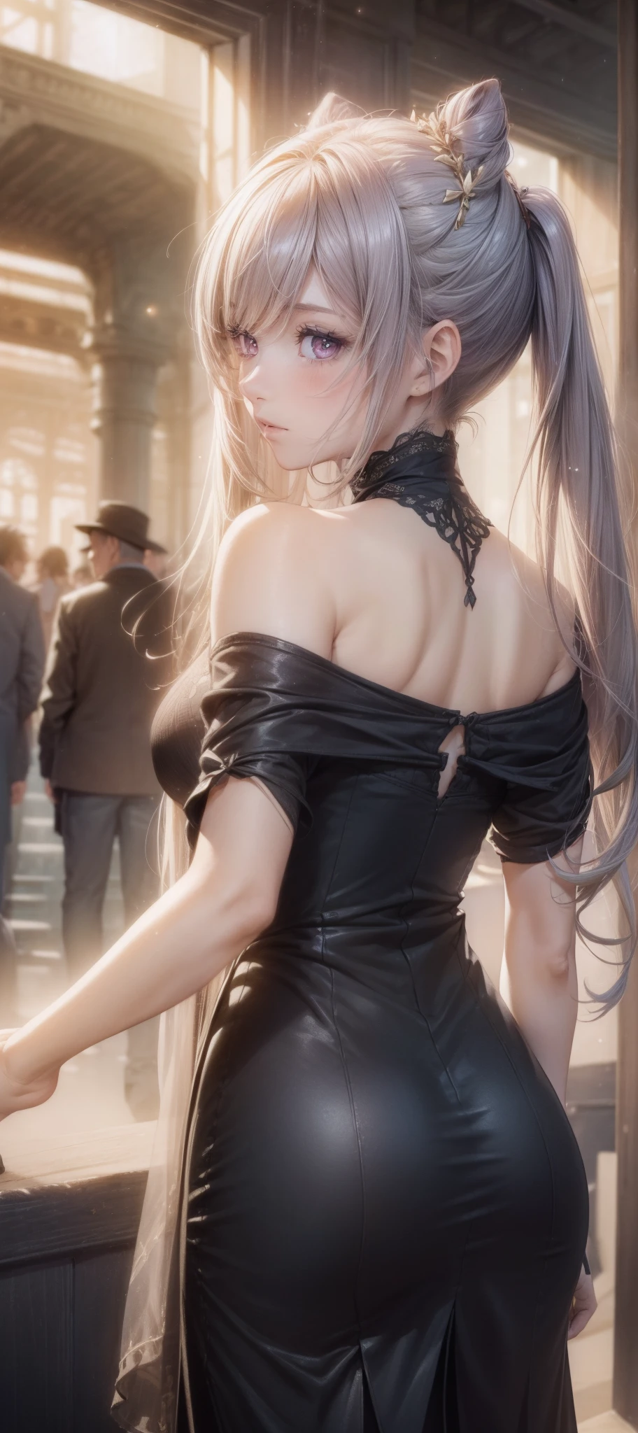 (1girl:1.3), (photorealistic:1.4), (masterpiece, top quality, best quality, official art), extreme detailed, highest detailed, (ultra-detailed), ((an extremely delicate and beautiful)), cinematic light, contemporary, silky long hair, she standing at the station, in evening, shirt, long skirt, butt crack, upper body, from above, shy, blush, (looking back:1.4),