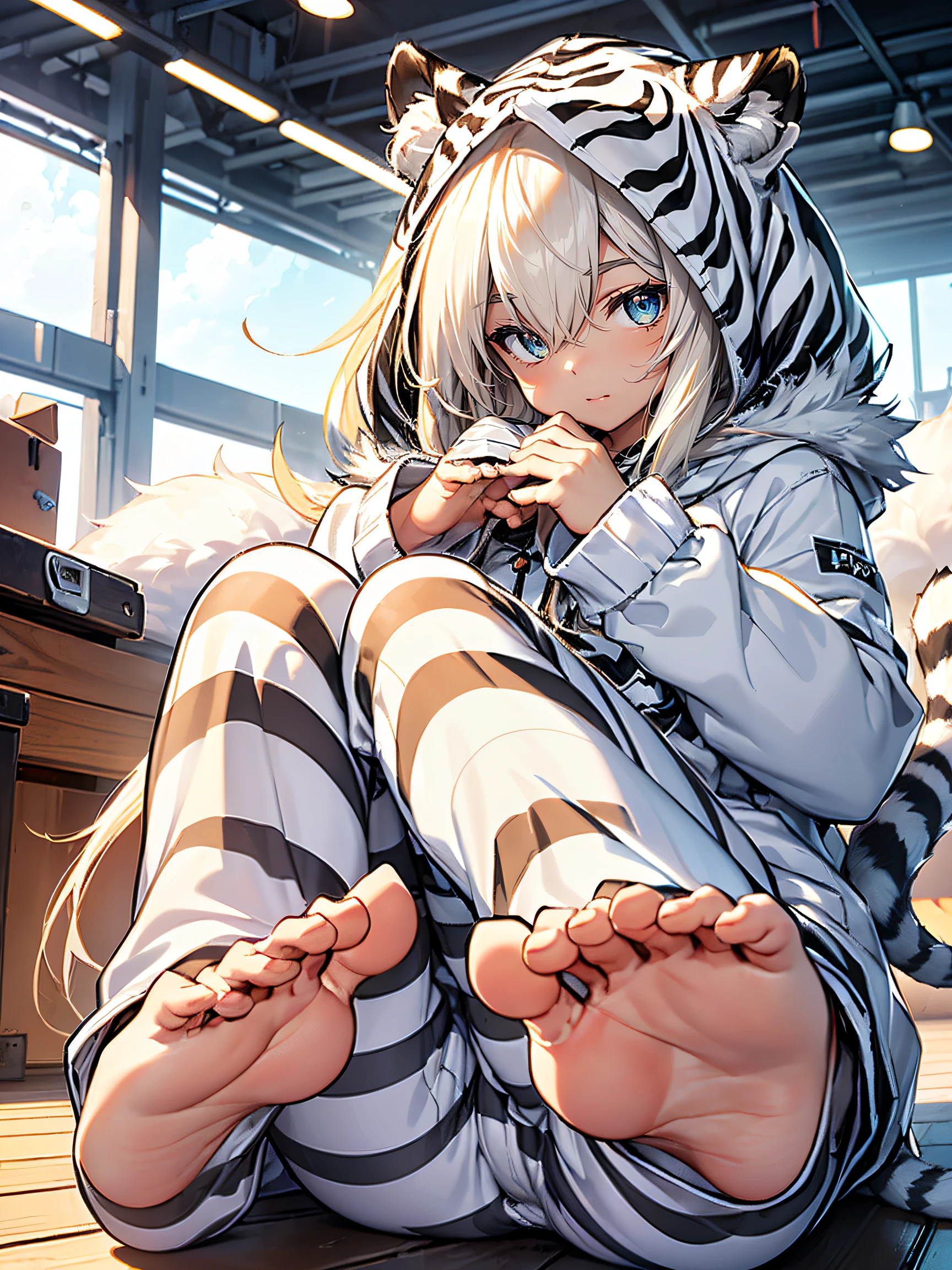 (white tiger kigurumi:1.2), (fluffy and soft fabric:1.4),((Long sleeves, feet cover hands):1.2), (ears and striped hood:1.3), (black-tipped tail:1.3),