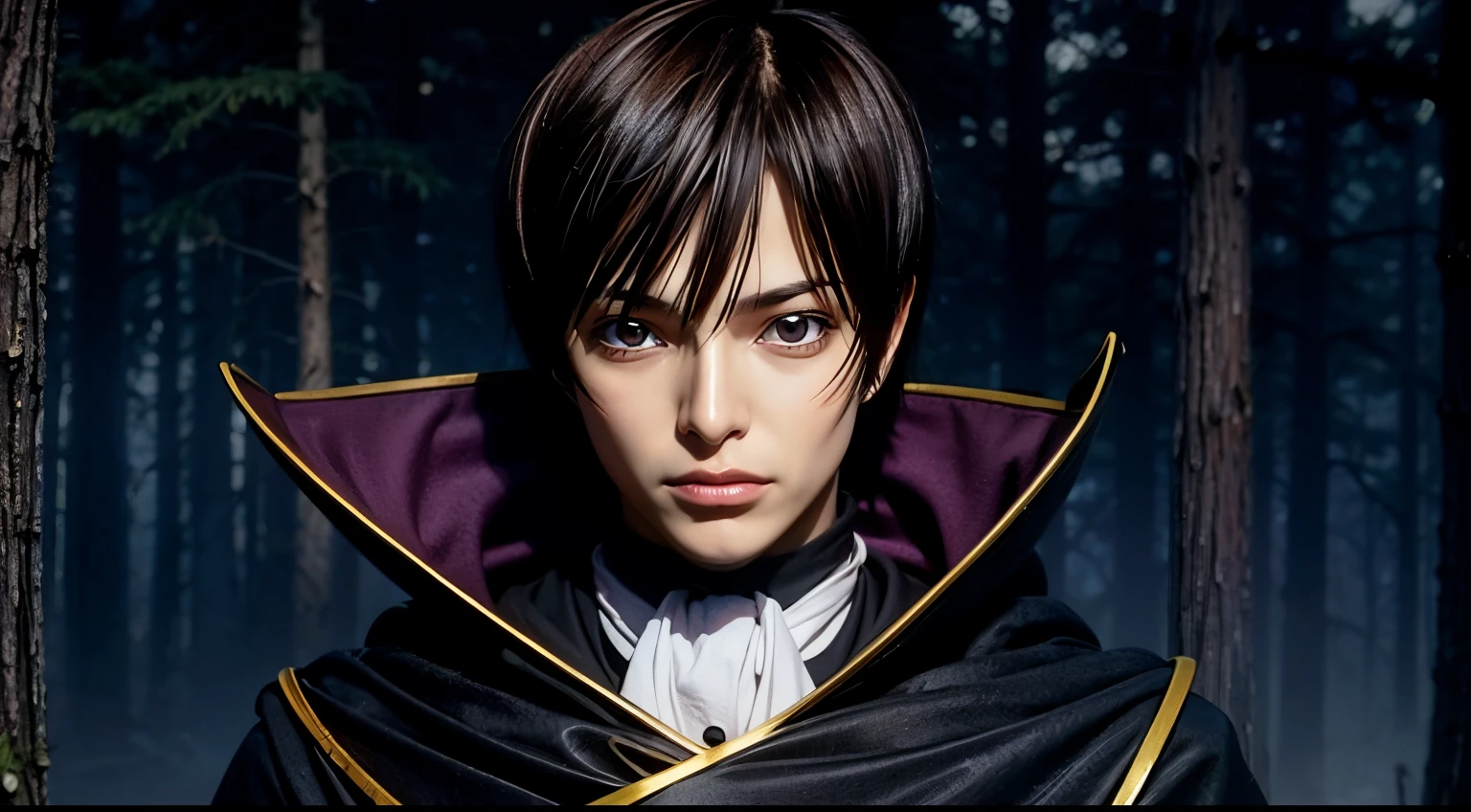 British, cosmieyes, in a dark forest with trees in the background,purple light shining, black and yellow outfit,black cape,cape, chain-link_fence, coat,gloves, lelouch_lamperouge,black_hair,purple_eyes,short hair, purple light in their eyes, upper body, detailed face, detailed eyes, portrait, boy