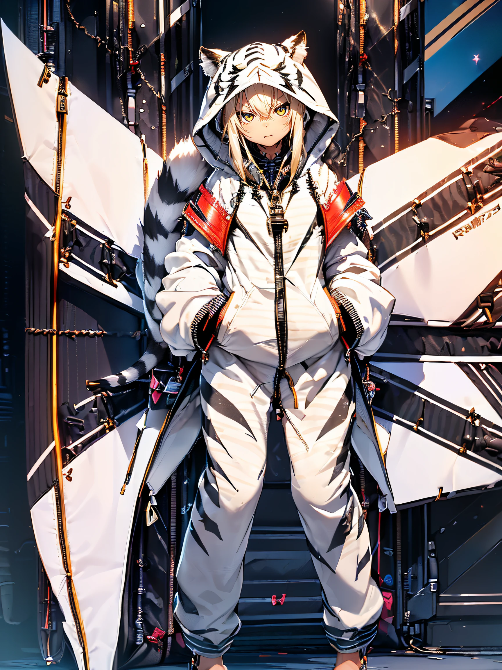 (white tiger kigurumi:1.2), (fluffy and soft fabric:1.4), ((- Zipper on the front, Easy to put on and take off):1.5), ((Long sleeves, feet cover hands):1.2), (ears and striped hood:1.3), (black-tipped tail:1.3),