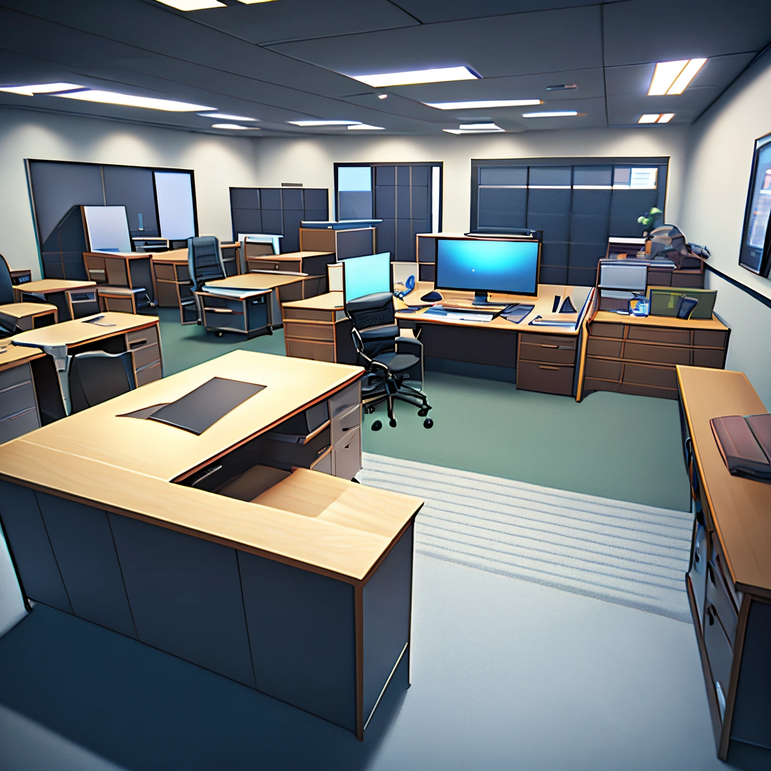police station office room , mesa, Cadeiras, Aligoudarz Stone on the ground, hyper realistic, alto detalhamento, 8k, s office, sem humanos, scenecy, anime scenery