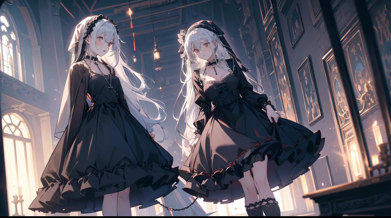 best quality, masterpiece, 2 girl, nun, white hair, long hair, medium breasts, cleavage dress, gothic ta, black silk stocking, high heels, hair ribbon, cross necklace, collar, chains, handcuffs, indoor, castle, skirt lift, hand on own chest