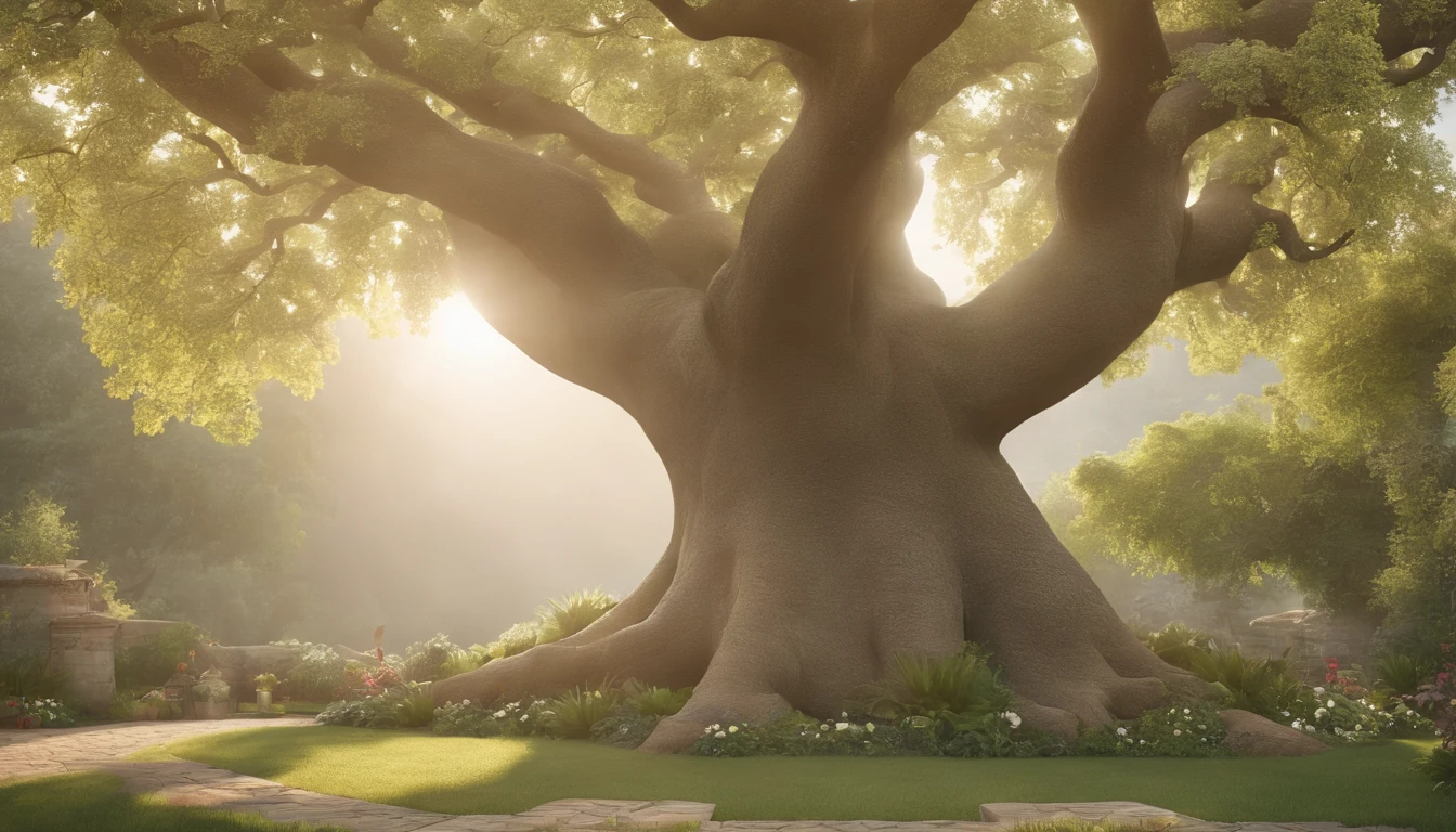 a pixa Disney cartoon cover of biblical times; the tree of life in the middle of a very beautiful garden, with very beautiful fruits, no roads just a tree in the middle, 3D, animation film, animated film still, rendered in corona, epic illumination.