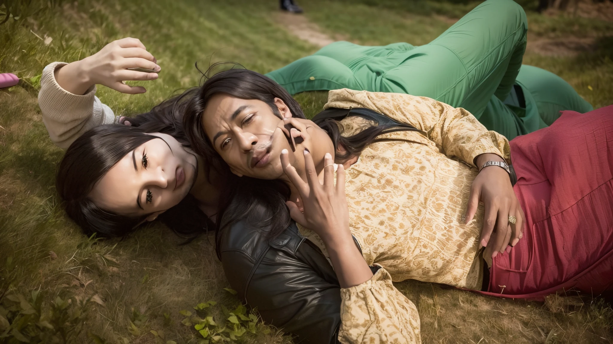 there is a man and woman laying on the grass talking on their cell phones, still from a movie, still from movie, still from the movie, movie still of a tired, shot from movie, film still from the movie, still shot from movie, cinematic still, movie stills, film movie still, still from a terence malik film, people resting on the grass