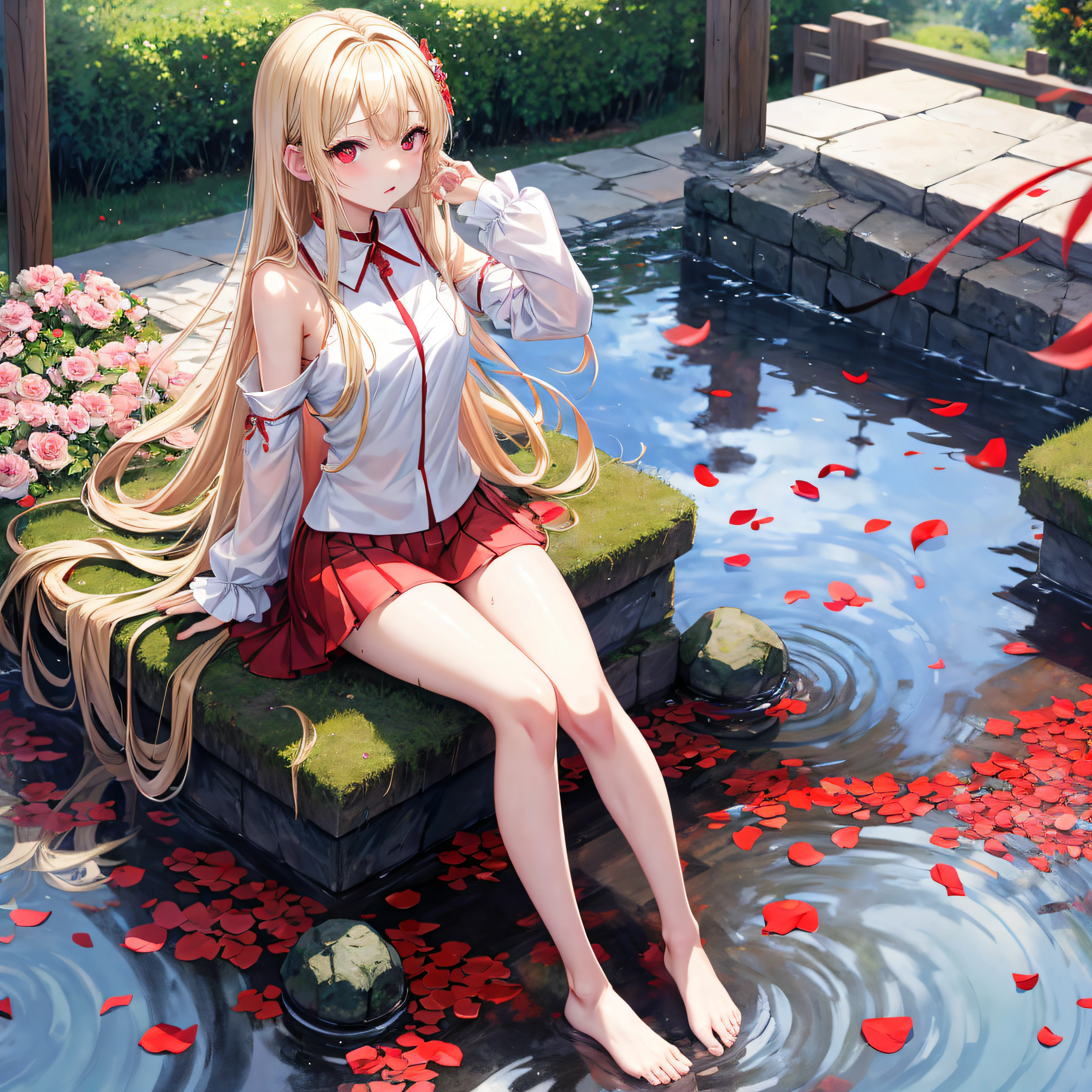 a blond、red eyes、1 pretty girl、animesque、lightly dressed、a miniskirt、sitting on、flower petals、bare-legged、wetting hair、sullenness
