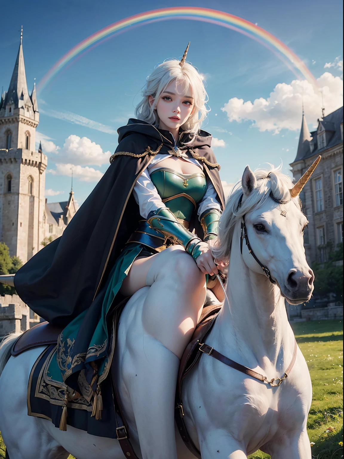 A torrent of light pouring down from heaven to earth, reflecting a bright rainbow, Beautiful blue sky, Otherworldly landscape, beautiful detailed sky, ((With a historical castle in the background)), 8k wallpaper, ((masterpiece)), (((best quality))), ((ultra-detailed)), ((illustration)), Beautiful woman, (1girl:1.2), ((solo)), seductive smile, ( expressionless), (( Riding a white unicorn)), dynamic angle, beautiful detailed eyes, hairs between eyes, white hair, ((disreveled hair)), pleated skirt, ((disreveled hair)), 20 years old, Fine skin, real looking skin, (( Green breasted leather armor)), (( put on a cloak)), (black kneehighs:1.1), beautiful detailed eye's, Detailedface,