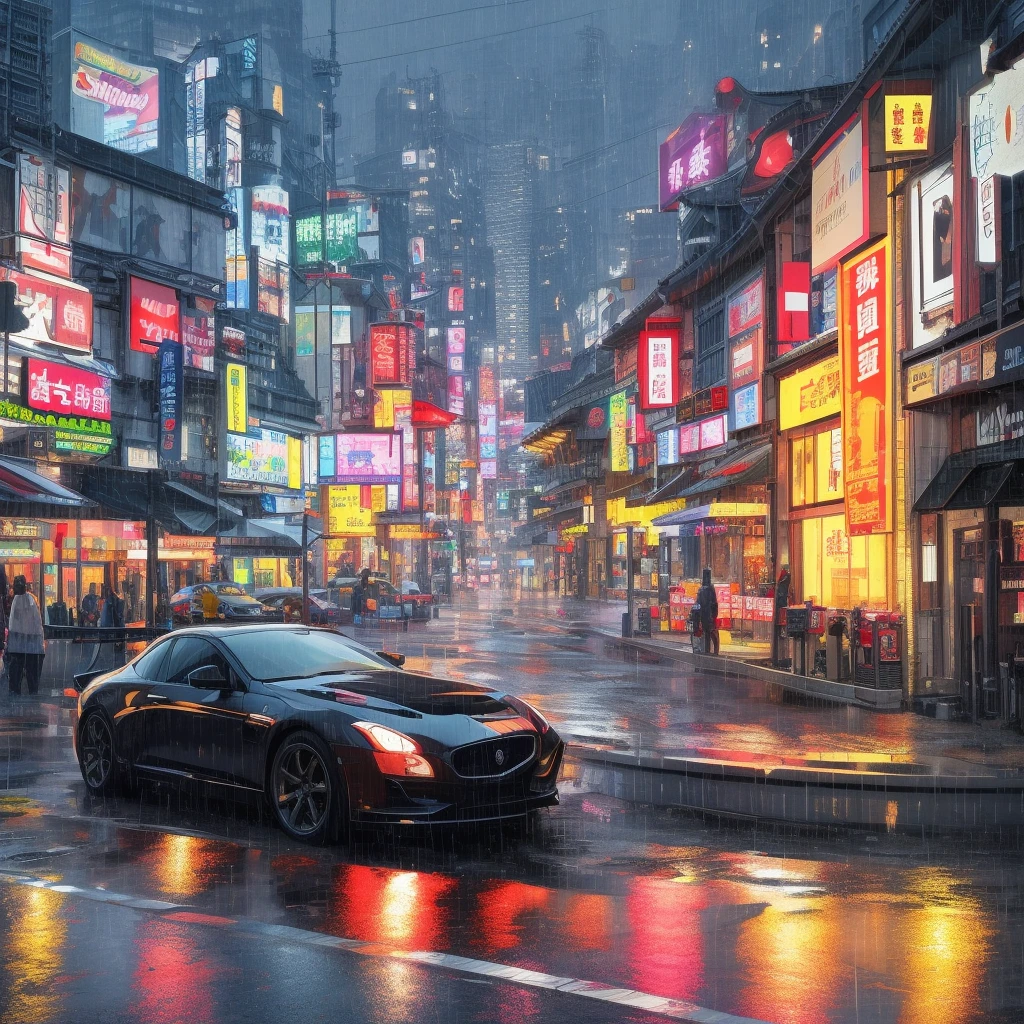 Create images of a car drifting on the streets of Japan in rainy weather