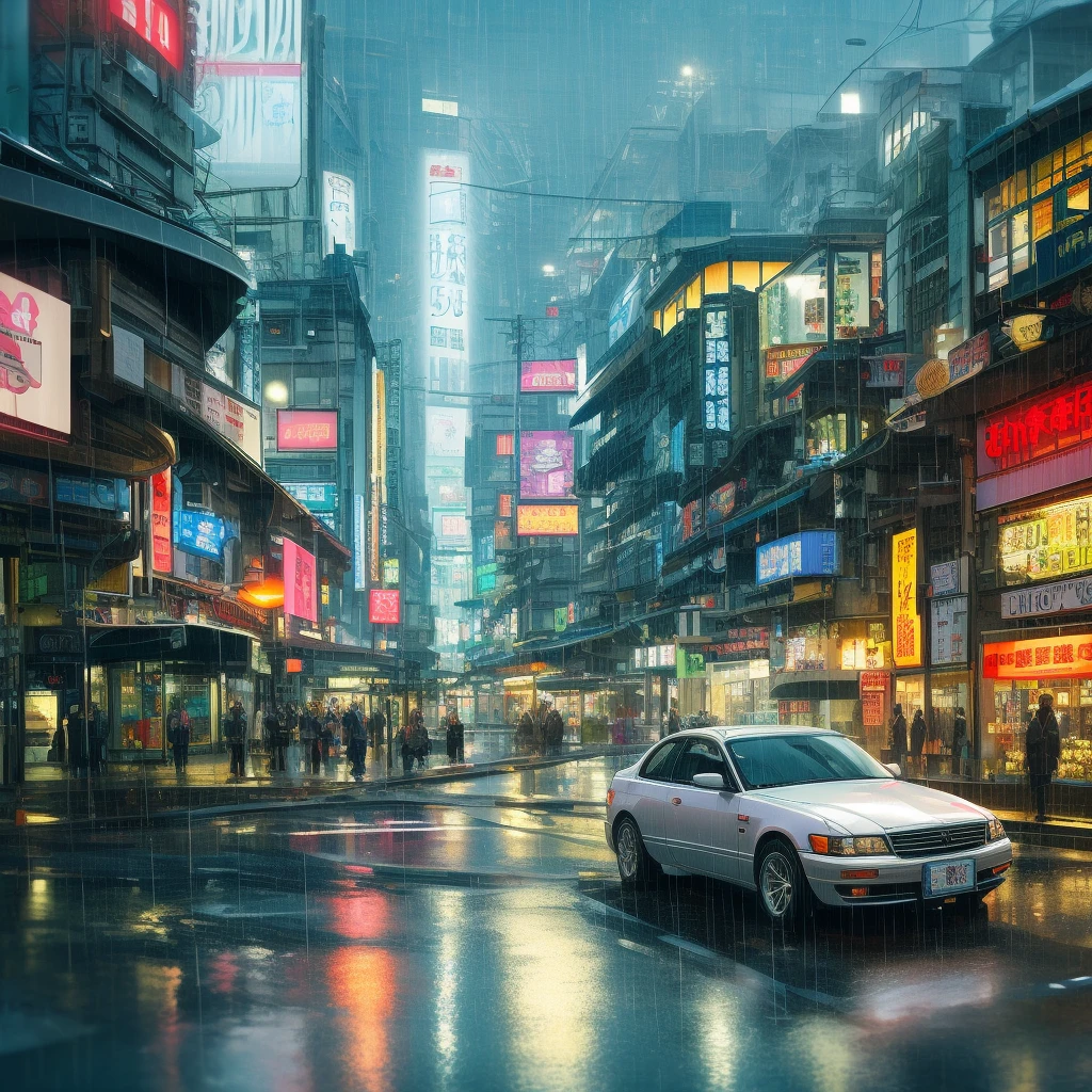 Create images of a car drifting on the streets of Japan in rainy weather
