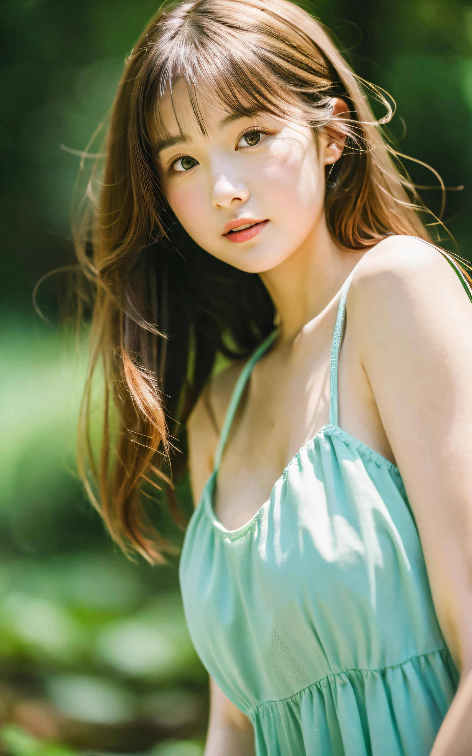 masutepiece, Best Quality, 8K, 1 girl, a Japanese cute girl, In summer, forest, stream, out of focus, 18 yo, Large breasts, Mouth slightly open, cute little, Solo, sad, Summer dress, Girly, Delicate girl, Neat and clean beauty, Raw photo, Professional Photography, Portrait, Soft light, Professional Lighting, Back lighting, Upper body, see the beholder, Sophisticated, Film grain, (Eyes and faces with detailed:1.0), Medium hair swaying in the wind, beautiful flowing brown hair,