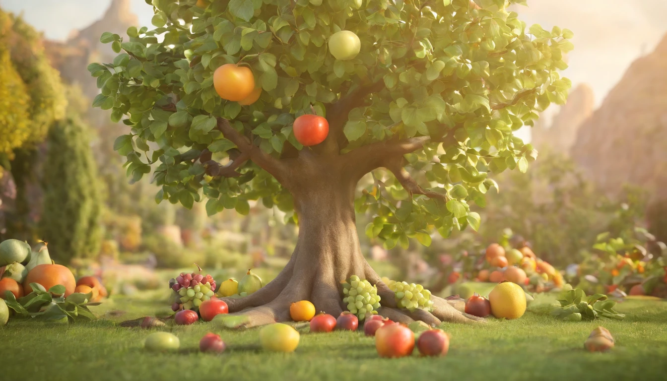 a pixa Disney cartoon cover of biblical times; the tree of life in the middle of a very beautiful garden, with very beautiful fruits, no roads just a tree in the middle, 3D, animation film, animated film still, rendered in corona, epic illumination.