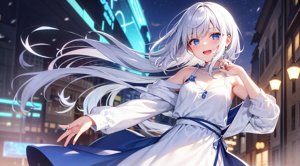 mid-shot, Look at viewers, hands behind back, girl with, 20 years old, Very short hair, long bangs between eyes, hair over shoulder, Grey Hair, Floating hair, ^ ^, pale blue eyes, Short dress, Hoodie, Skirt, Bare shoulder, White clothes, , Extremely detailed,(masterpiece、top-quality)、独奏、1womanl、White hair、the tips of the hair are blue、Blue eyes、A smile、White skin as clear as snow、Small breasts, Silver hair, Blue eyes, Beautiful eyes, Girl, Ecstasy, charmed, be smitten with audience, Hoodie, Hoodie with open front, Shoulder out,cafes,open open mouth