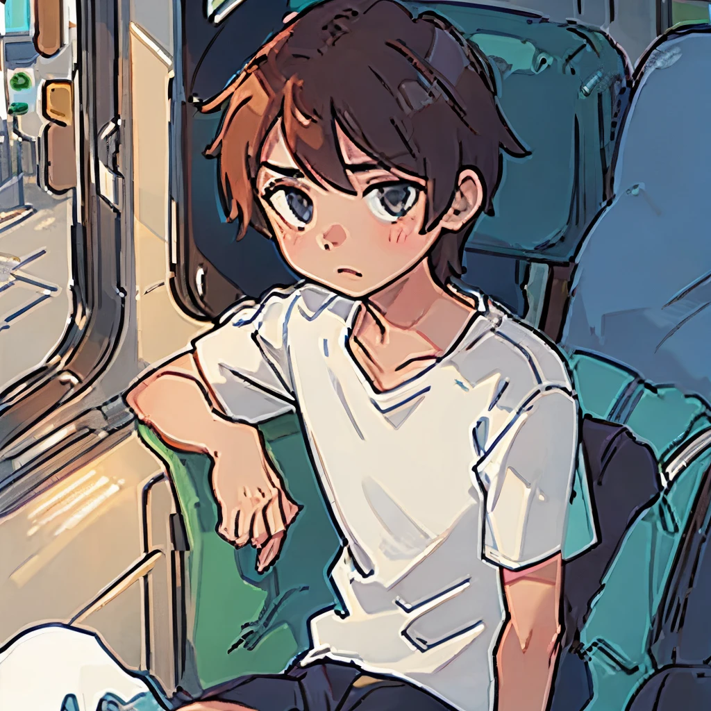 boy wearing shirt sitting in a bus