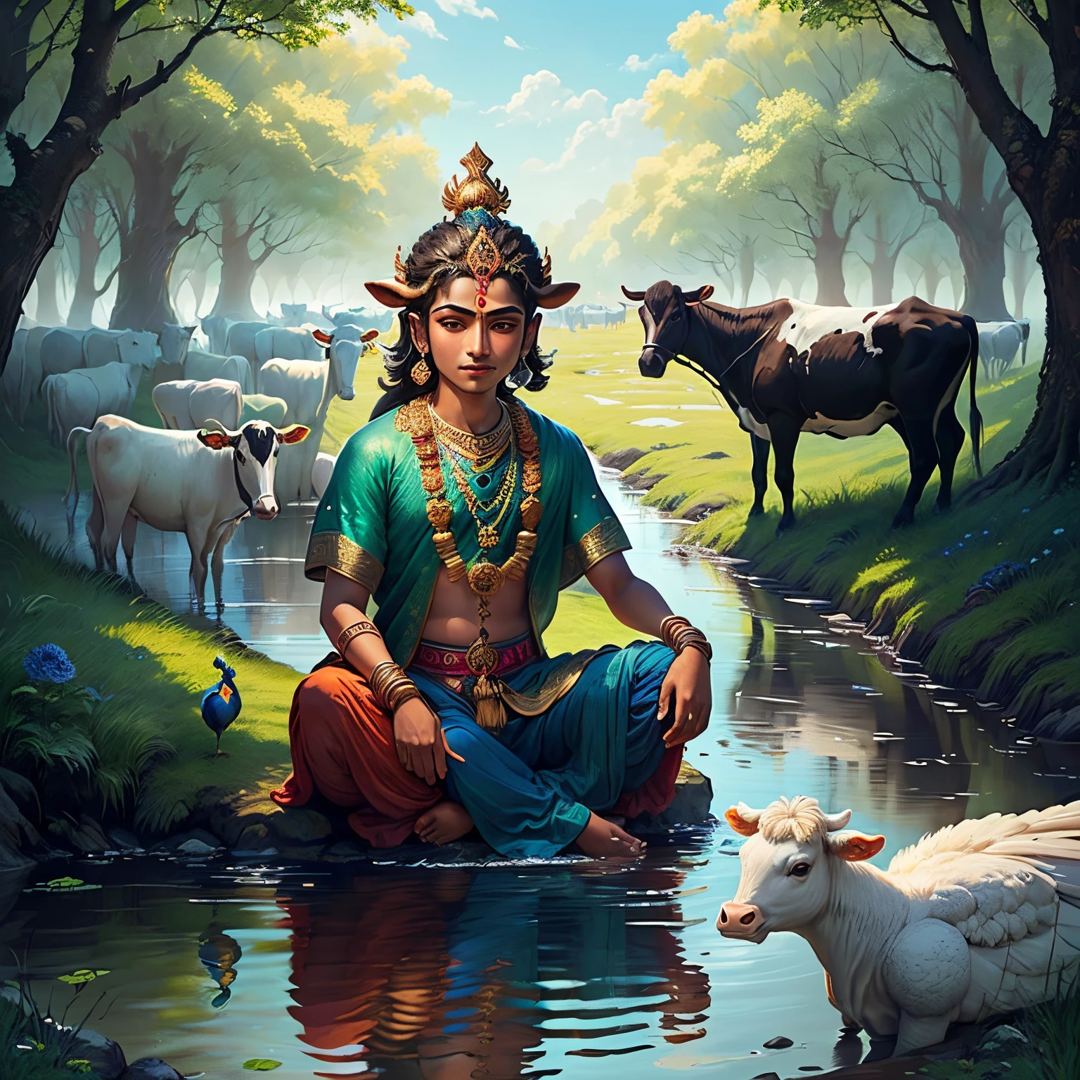 Hindu God Sri Krishna, blue color , as a boy , peacock feathers on hair , with a group of girls  and cows , a small stream , grass , trees , photo clear, bright image.