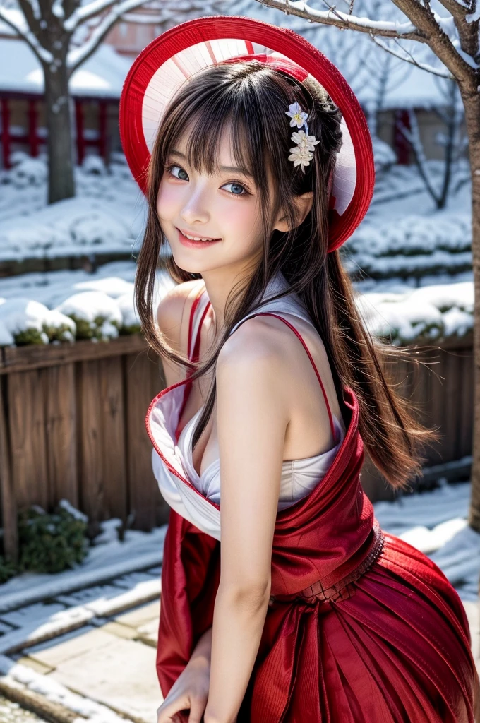 (masutepiece:1.3, Photorealsitic:1.4, 8K), top-quality, masterpiece, 超A high resolution, Perfect dynamic composition, Highly detailed skin and facial texture:1.3, A detailed eye, Detailed limbs, Night precincts in snowy country:1.2, 1girl in, Cute sexy 22 year old slim woman, Fair skin, ((Natural smile:0.9, Totally captivates you:1.0)), (accurate shrine maiden costume:1.2), ((voluptuous breasts:0.9)) (Facing the front, Praying:0.7), (Beautiful blue eyes, Eyes that feel beautiful eros:0.85), Sexy face:0.4, (A mouthfeel that feels beautiful eros:0.85), ((Too cute beauty:0.9))