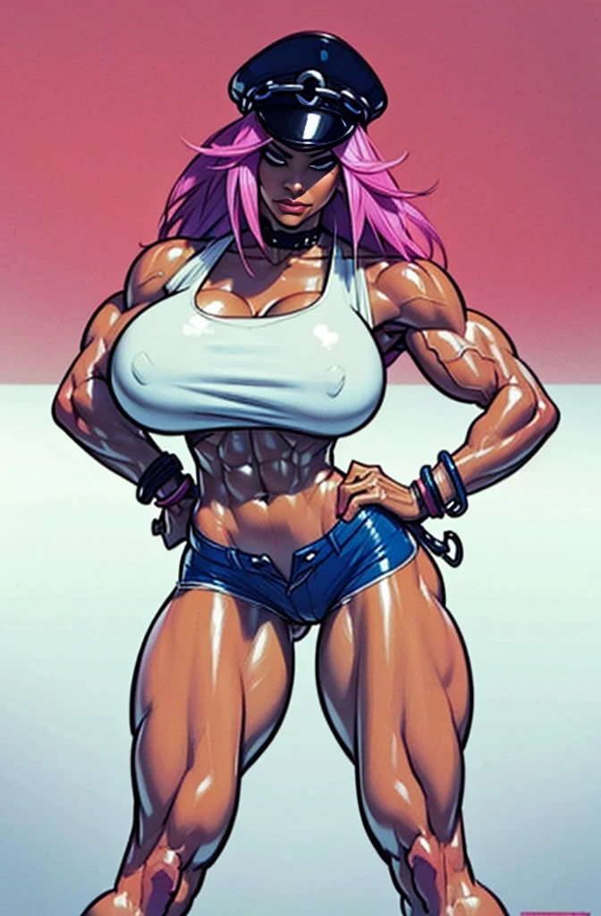 ((highly detailed)), Final fight, ((Poison)) from street fighter,(big breast:1.5),dynamic poses, ((muscular man standing behind poison)), pink hair, wide chest,big chest, ((white tank top)), denim shorts, police cap, super perfect body curve,S-shaped body,waifu (18 years old)-hot daddy-frivolity-body language, fit figure, bad laughing,gorgeous perfect face, realistic style and super detailed renderings, superrealism,kawaii, zbrush, super-realistic oil, contour shadow-process