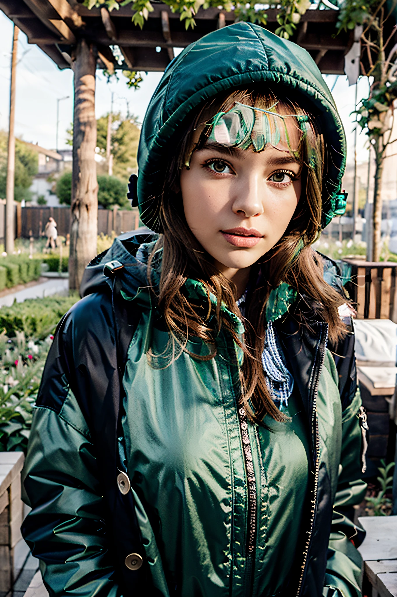 woman in the garden , the winter padded jacket covers all body, hat on the head , long coat pickle green , dark green buttons near the zip , aux yeux bleus, Portrait Sophie Mudd, Portrait de Corinna Kopf, cheveux blonds et grands yeux, selfie of a young woman, Blonde, Latin