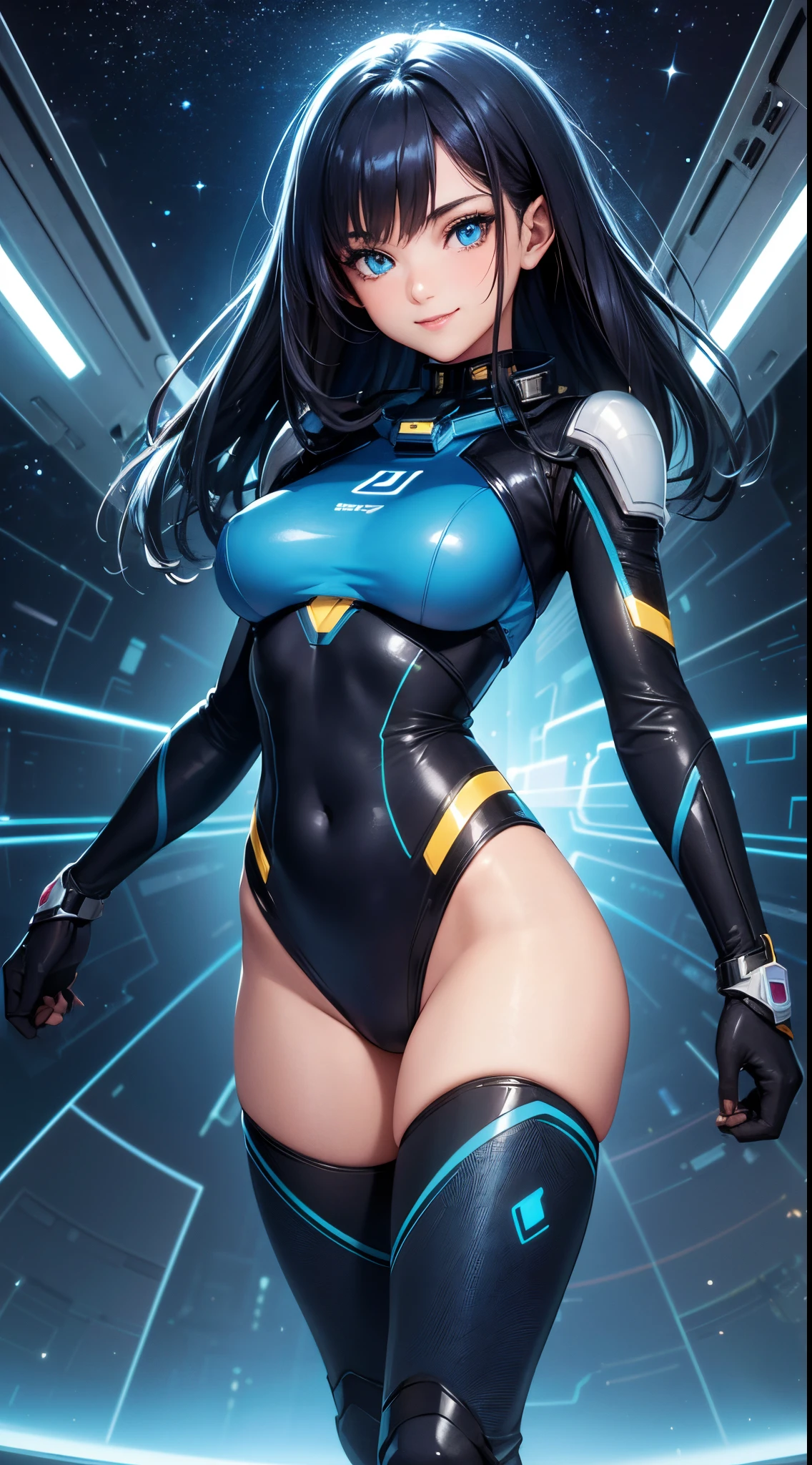 cyber girl in space, blue and black body suit, sci-fi, perfect body, bare legs, dark hair, smiling, beautiful eyes, detailed, masterpiece, high res, high quality, planets, stars