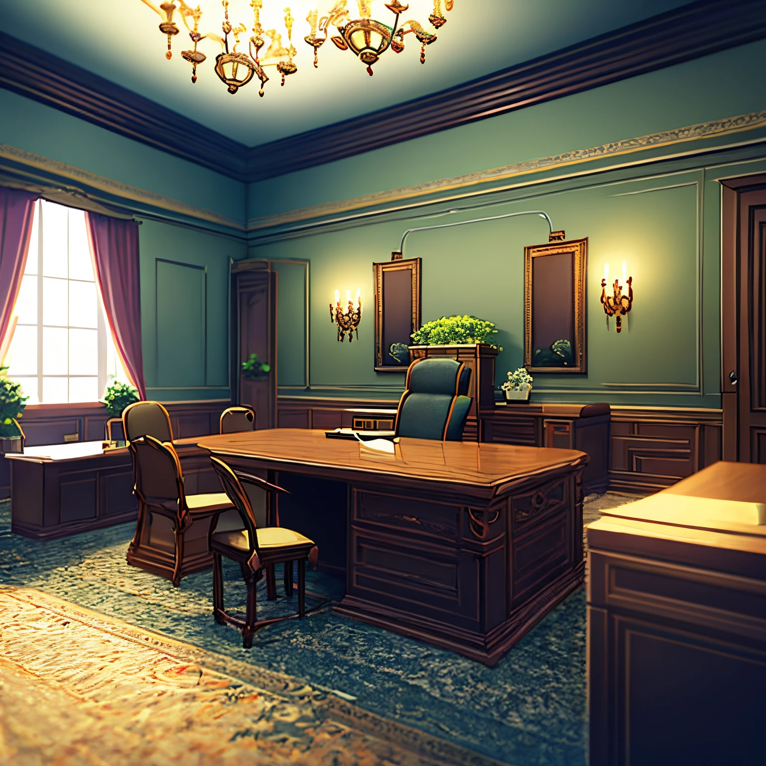 a delegate's office room, sala do chefe, mesa, Cadeiras, Aligoudarz Stone on the ground, hyper realistic, alto detalhamento, 8k, scenecy, anime scenery, sem humanos, sala do chefe, sala do delegado