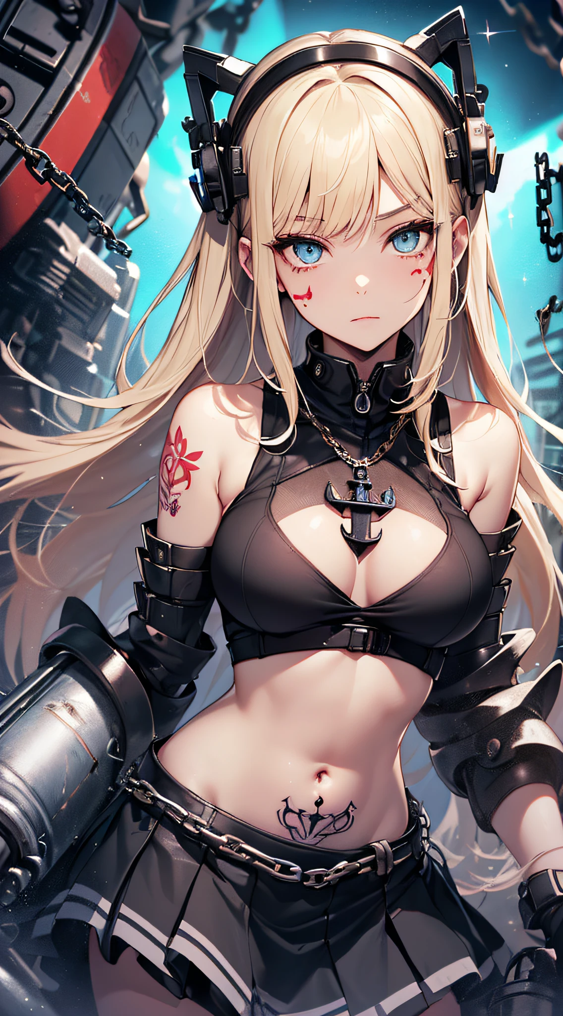 top-quality、Top image quality、masterpiece、girl with((Black Mechanical Armor、、teen ager、cute lit Bust、big bast,Beautiful light blue eyes、Breasts wide open, a blond、A slender,Large valleys、belligerent movements,Warlike face、Navel Tank Top、mechanical short skirt、anchor chain、chain、Holding a chainsaw、red heart tattoo on cheek、dye one's cheeks red)),hiquality、Beautiful Art、Background with((universes)))、Depth((black hole)),masutepiece、depth of fields,Cinematic style