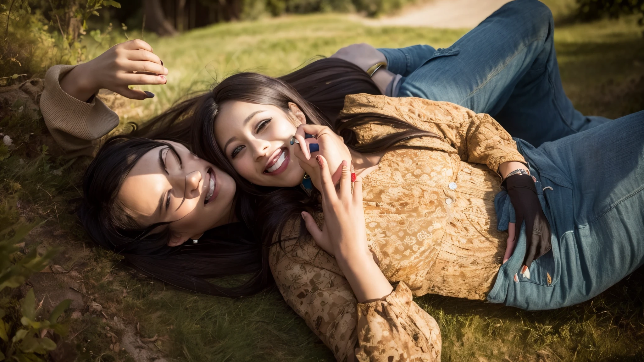 there is a man and woman laying on the grass talking on their cell phones, still from a movie, still from movie, still from the movie, movie still of a tired, shot from movie, film still from the movie, still shot from movie, cinematic still, movie stills, film movie still, still from a terence malik film, people resting on the grass((((Masterpiece)))), High quality, Very_High_Resolution, Large_filesize, Full color, Steampunk featuring a futuristic planet,, In a remote forest, A bustling alien market, and off-road bikes. The protagonist is a stunning upper body girl 1 person with short blonde hair Bob silver smile, Mechanized weapons. Wear a white vest, Distressed denim shorts, Engineer Boots, and riding dirt bikes.  Beauty,