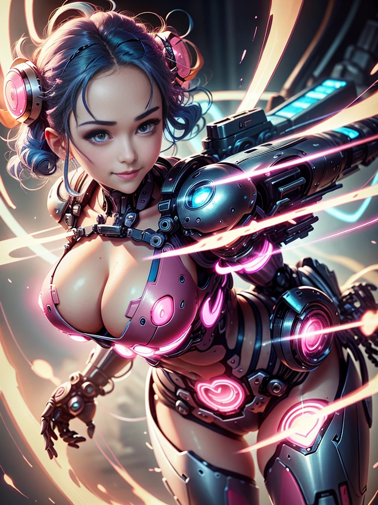 girl wearing pink mecha、A smile、Breasts with cleavage、Mechanical design、hight resolution、loose blue hair,CG image quality,masuter piece,Background glow,dynamic movements,