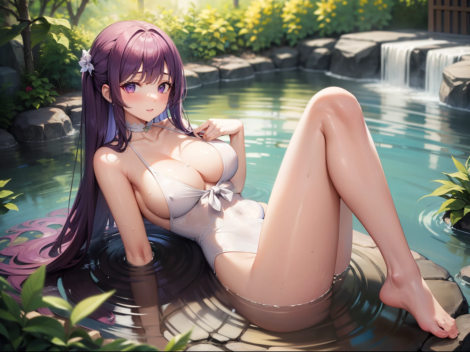 Masterpiece, best quality, sexy pose,  white swimsuit, show full body in water, beautiful legs, show vaginal rupture,,s, beautiful skin, hot naked, long straight purple hair, purple eyes,,in a hot spring, fairy garden on the background